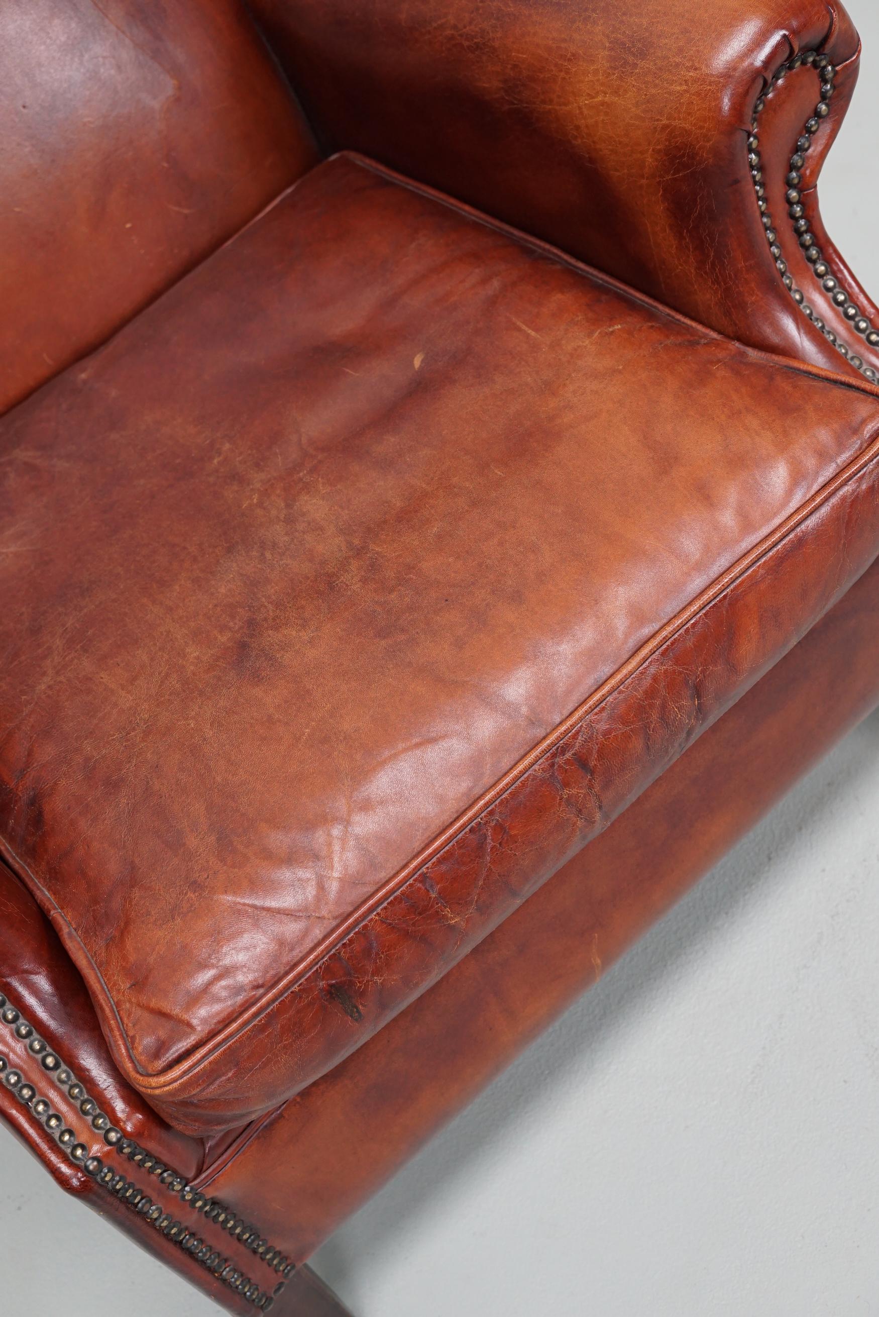  Vintage Dutch Cognac Colored Wingback Leather Club Chair For Sale 12