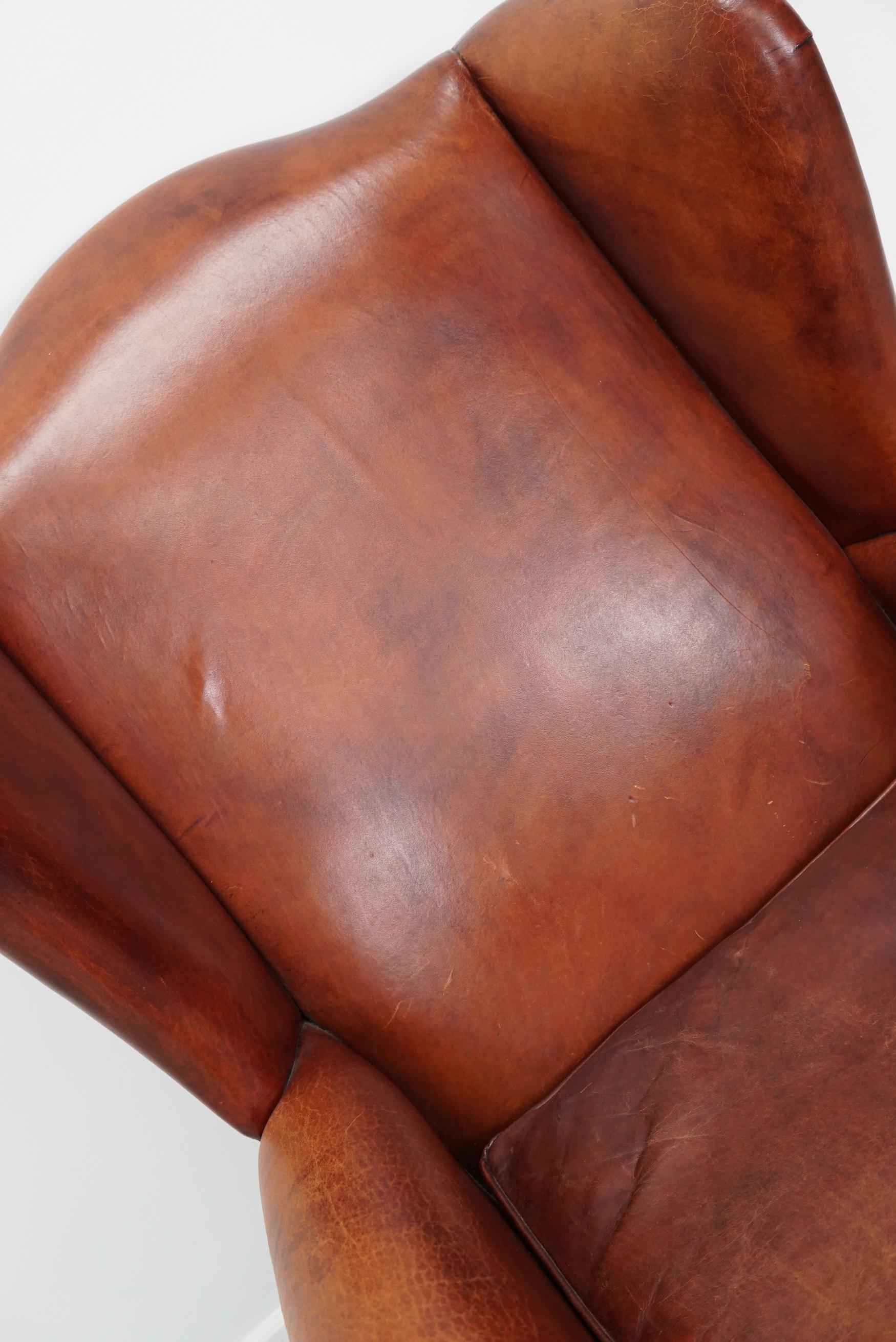  Vintage Dutch Cognac Colored Wingback Leather Club Chair For Sale 13
