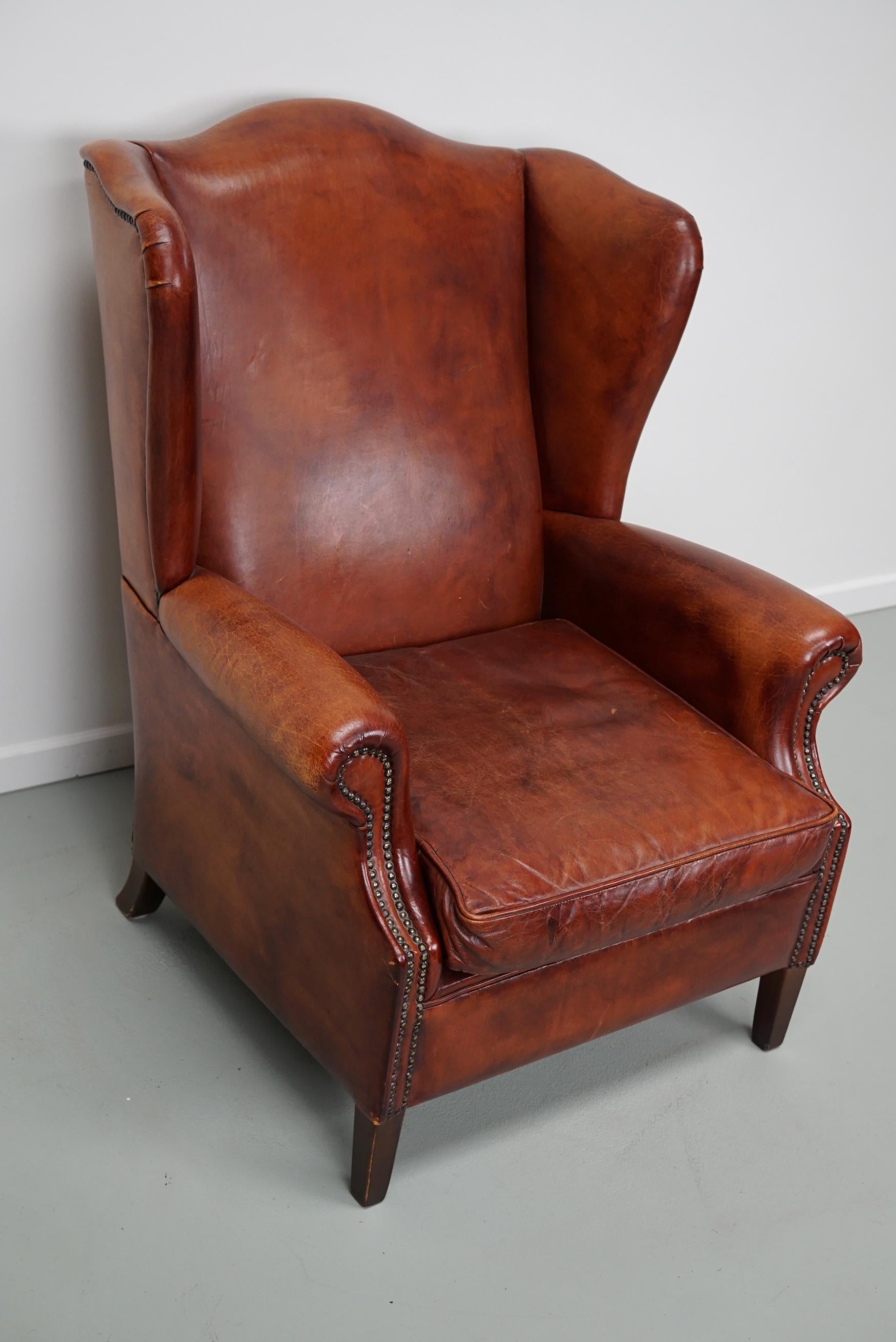  Vintage Dutch Cognac Colored Wingback Leather Club Chair For Sale 14