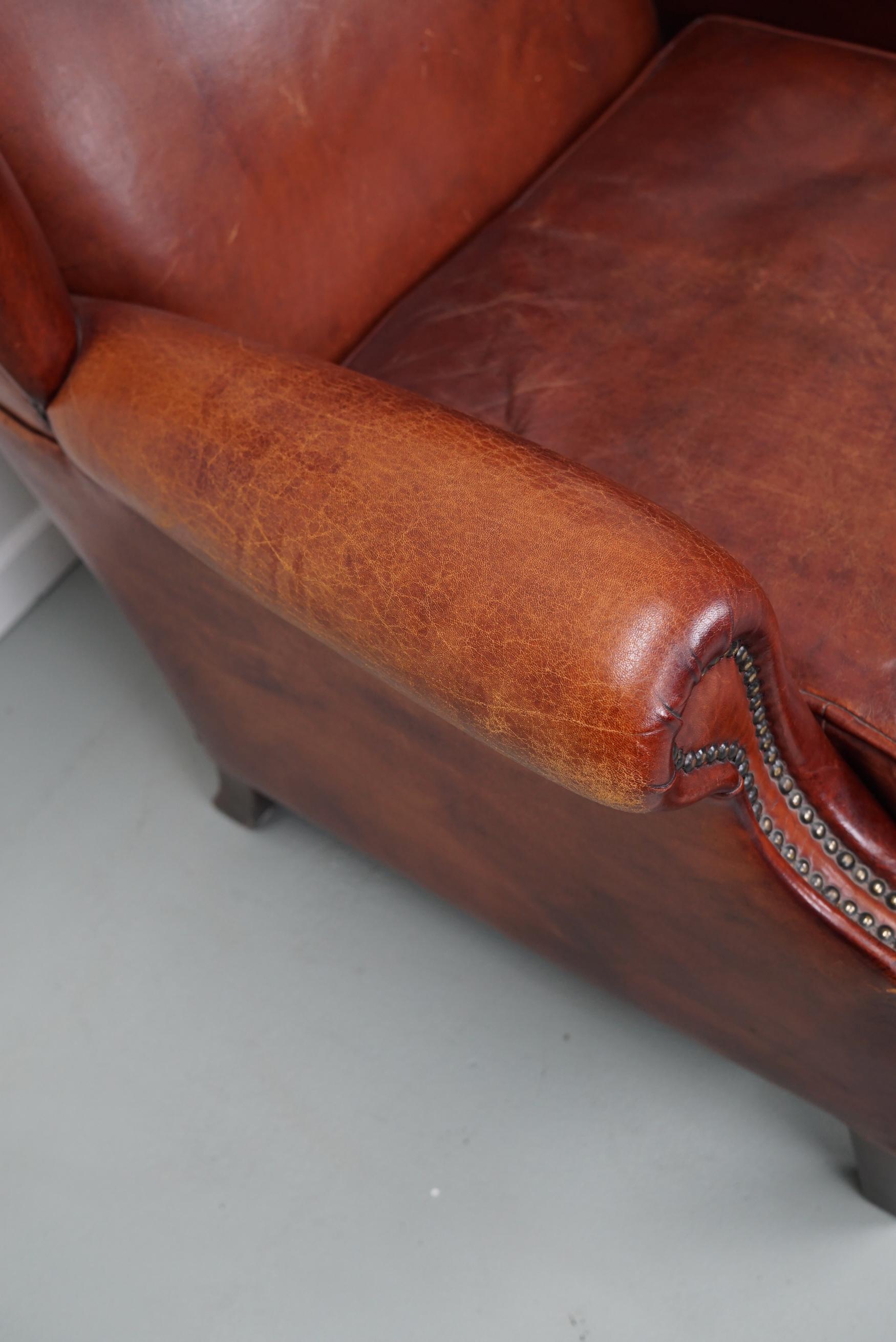  Vintage Dutch Cognac Colored Wingback Leather Club Chair For Sale 15