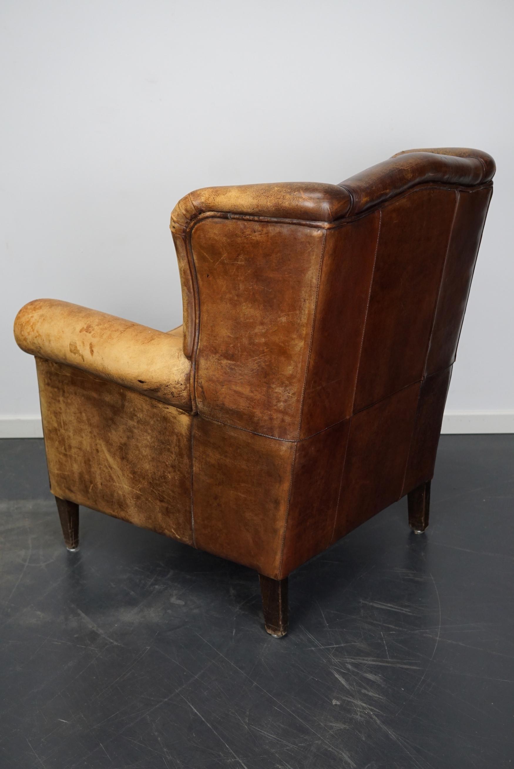 Industrial Vintage Dutch Cognac Colored Wingback Leather Club Chair For Sale