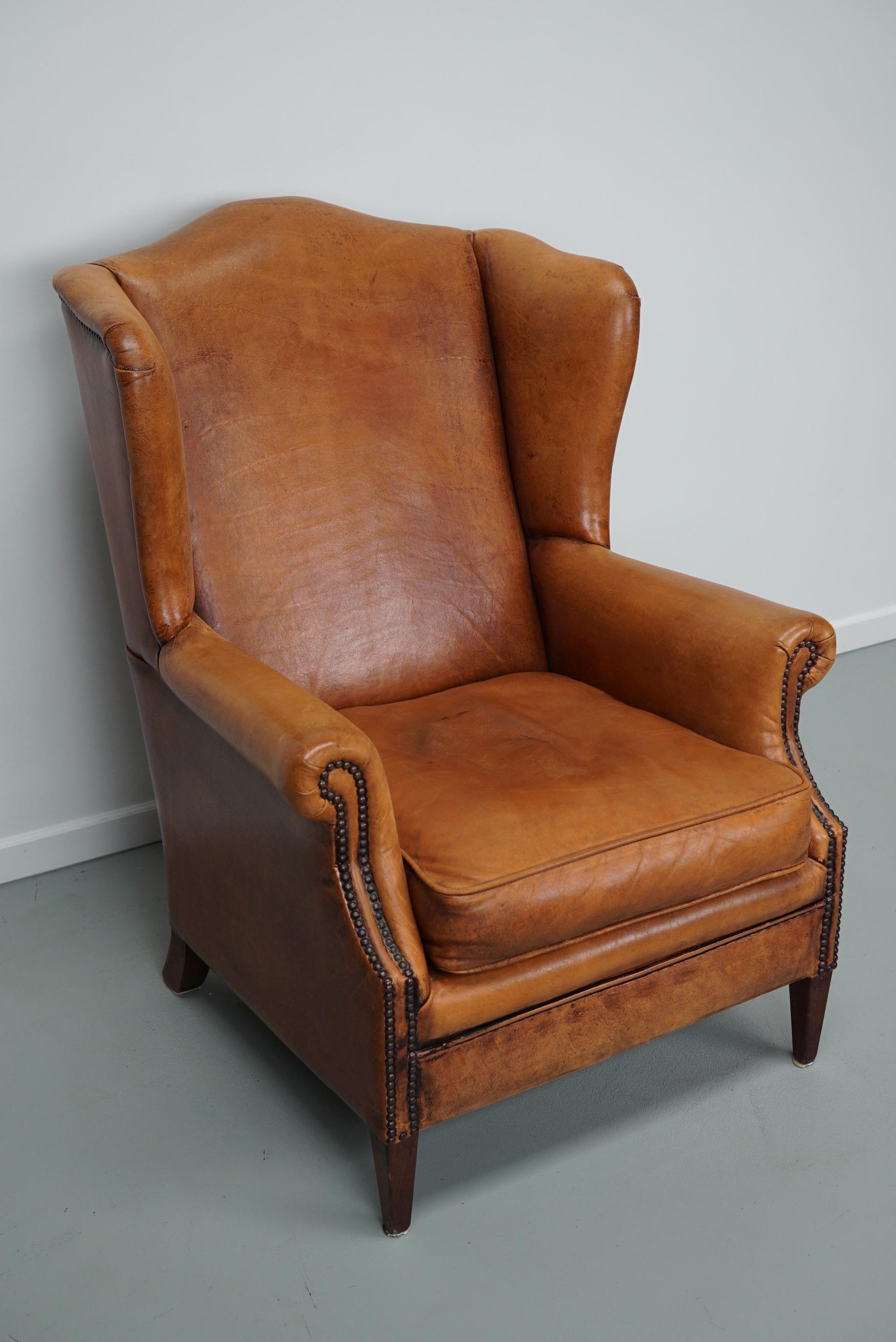 Industrial  Vintage Dutch Cognac Colored Wingback Leather Club Chair