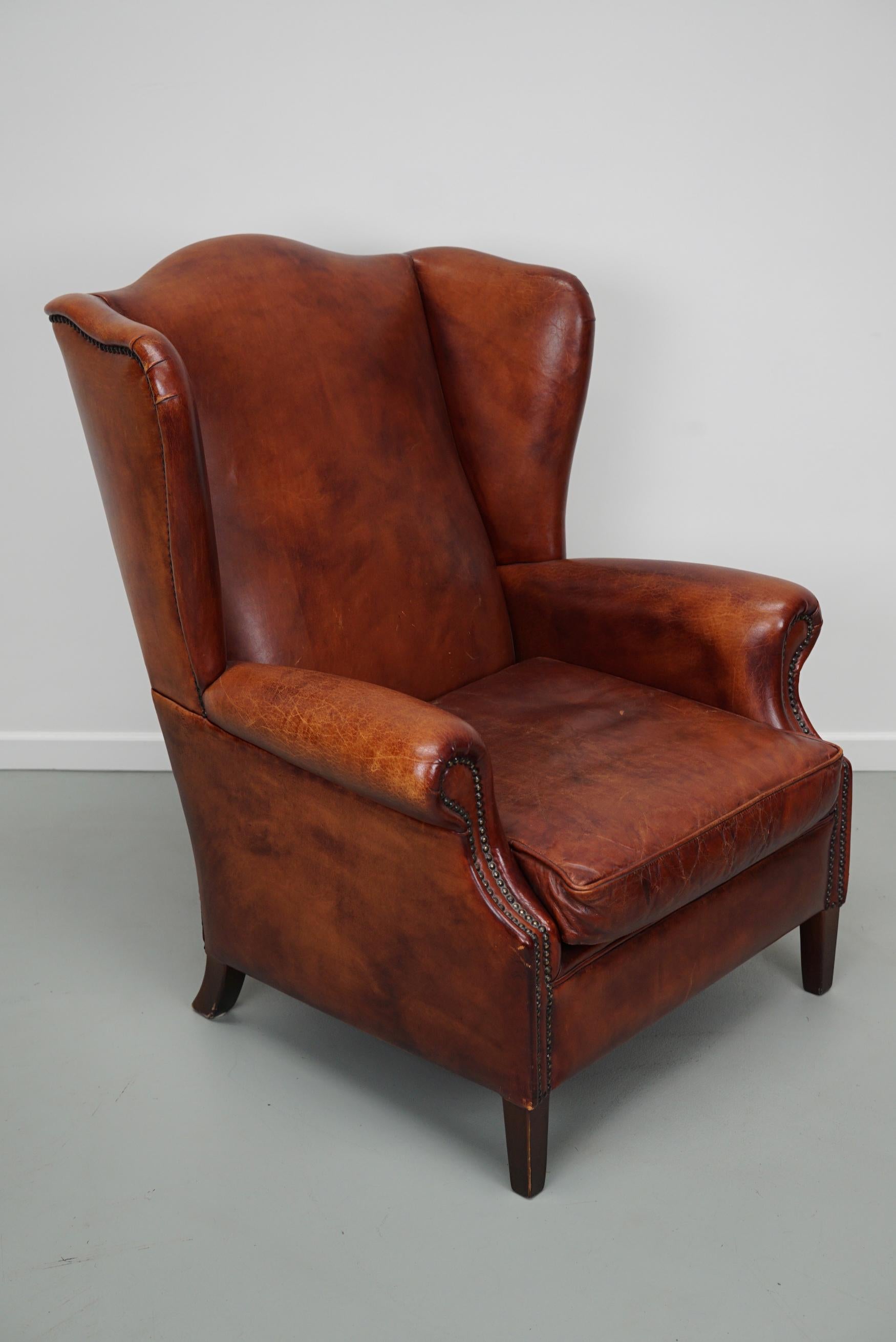 Industrial  Vintage Dutch Cognac Colored Wingback Leather Club Chair For Sale
