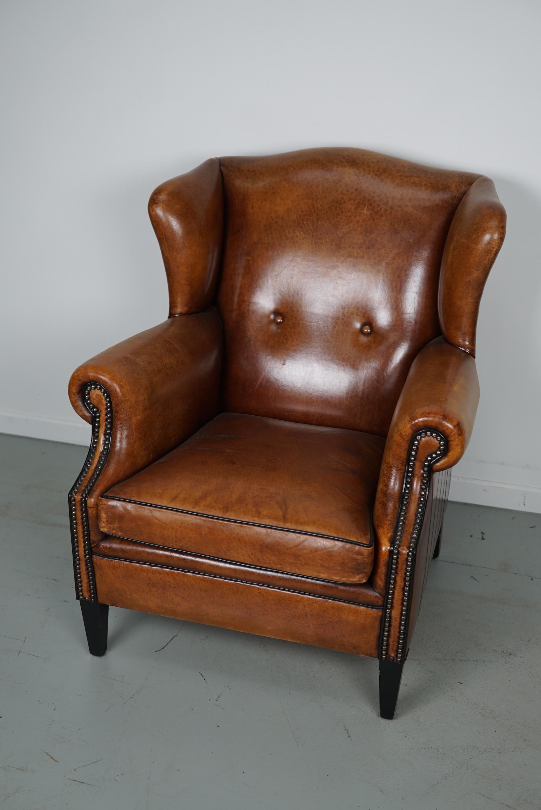 Industrial Vintage Dutch Cognac Colored Wingback Leather Club Chair
