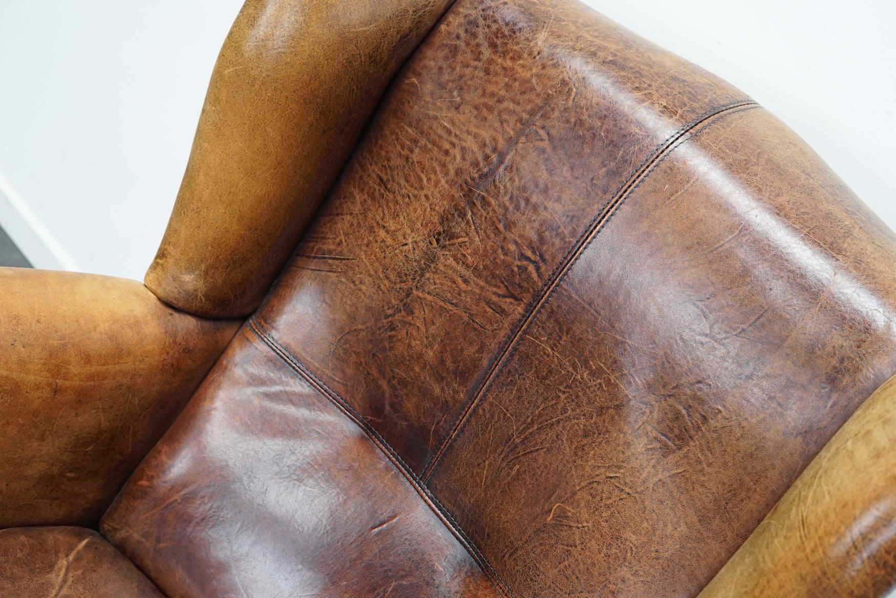 Vintage Dutch Cognac Colored Wingback Leather Club Chair In Good Condition In Nijmegen, NL