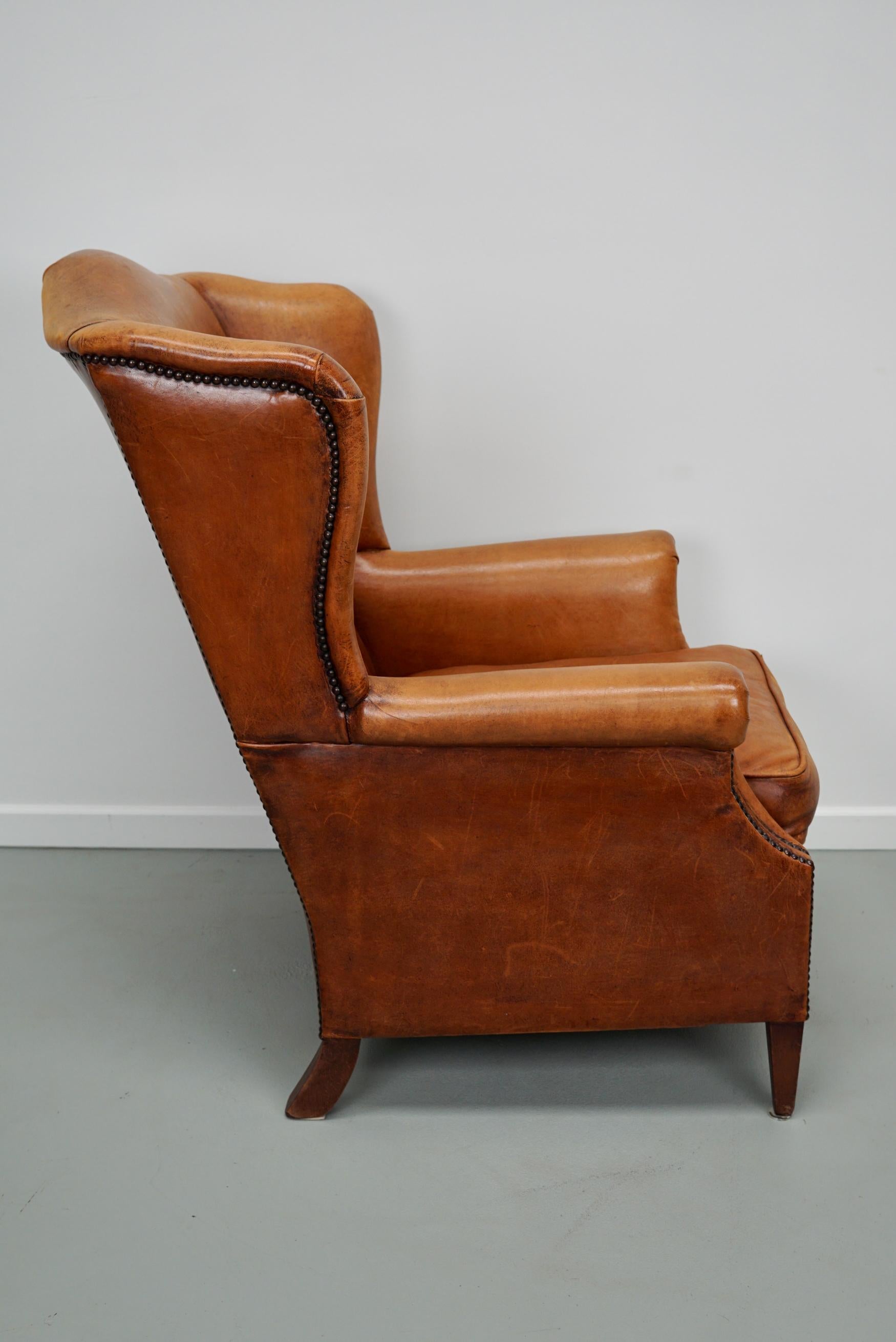  Vintage Dutch Cognac Colored Wingback Leather Club Chair In Good Condition In Nijmegen, NL