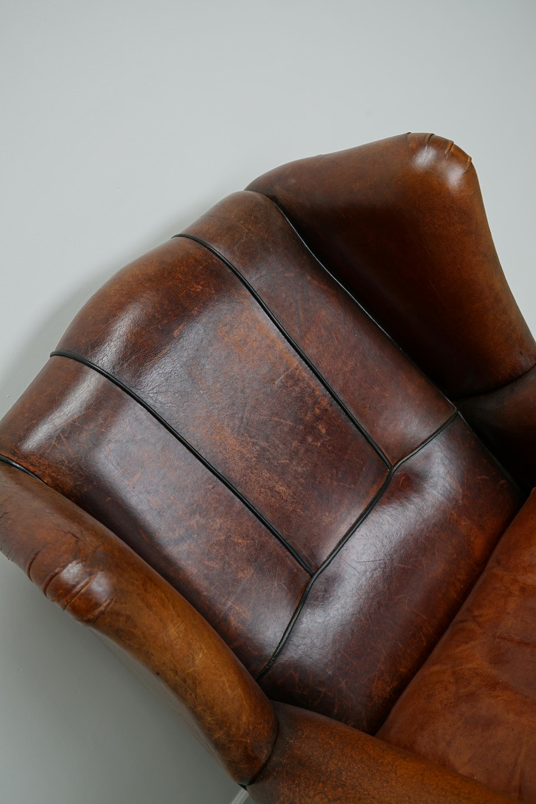 Vintage Dutch Cognac Colored Wingback Leather Club Chair In Good Condition In Nijmegen, NL