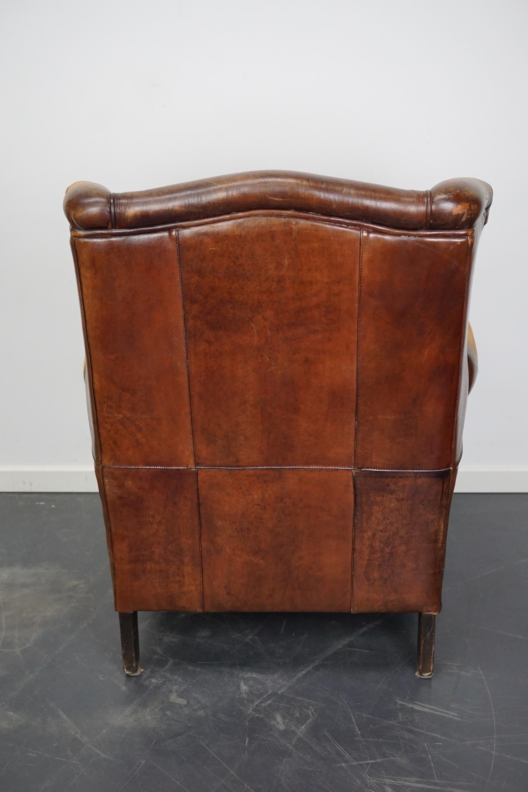 Late 20th Century Vintage Dutch Cognac Colored Wingback Leather Club Chair For Sale
