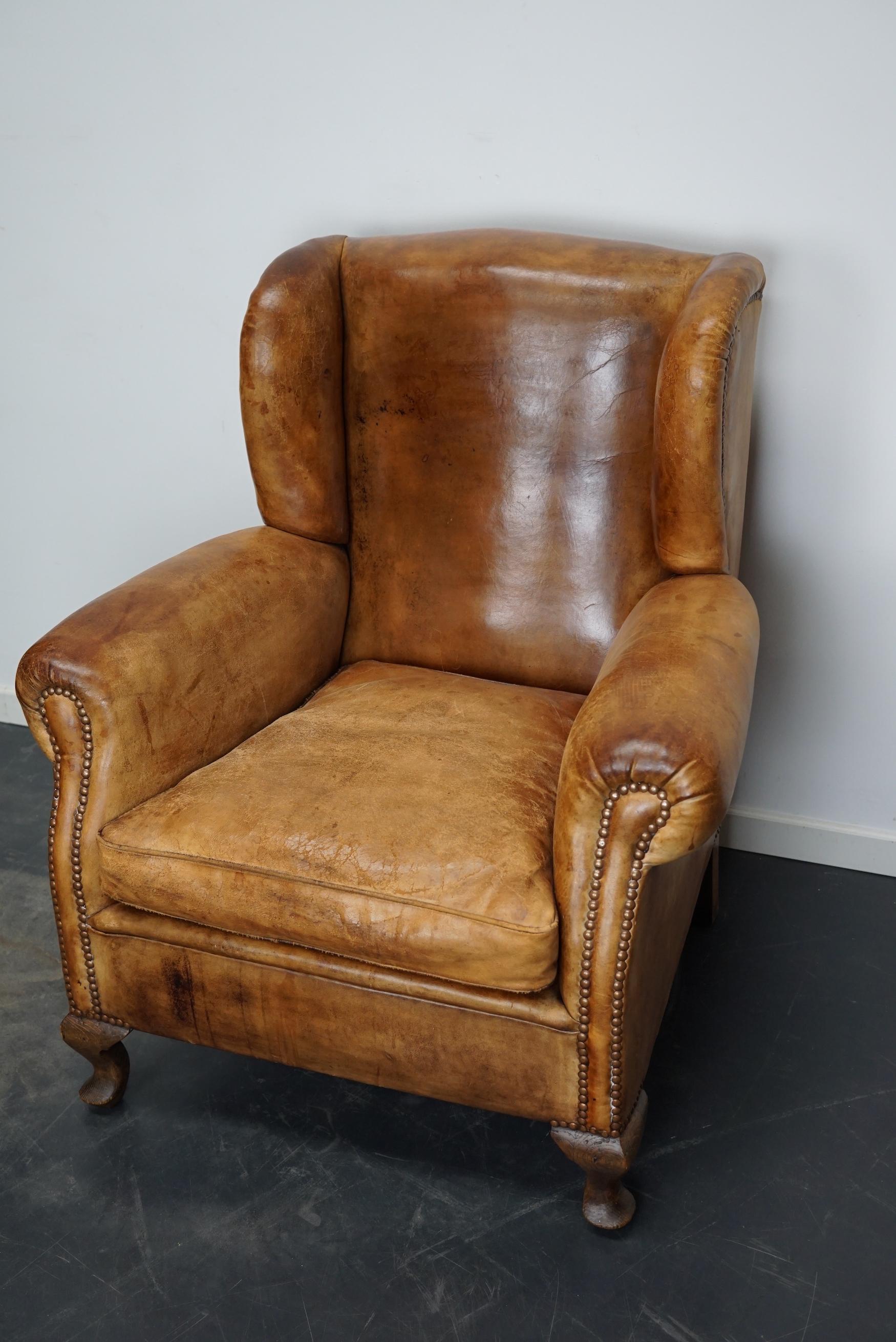 Mid-20th Century Vintage Dutch Cognac Colored Wingback Leather Club Chair