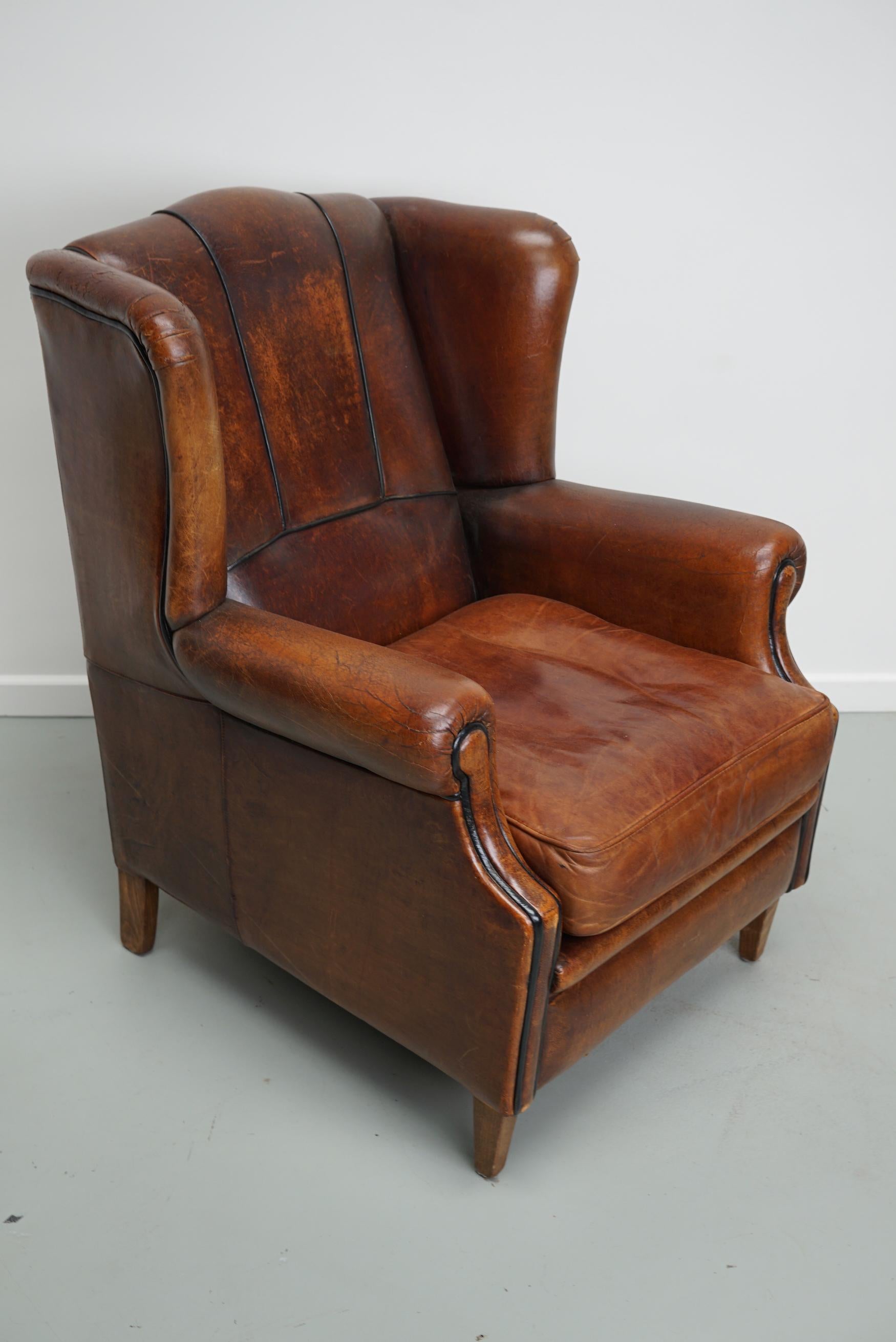 Late 20th Century Vintage Dutch Cognac Colored Wingback Leather Club Chair