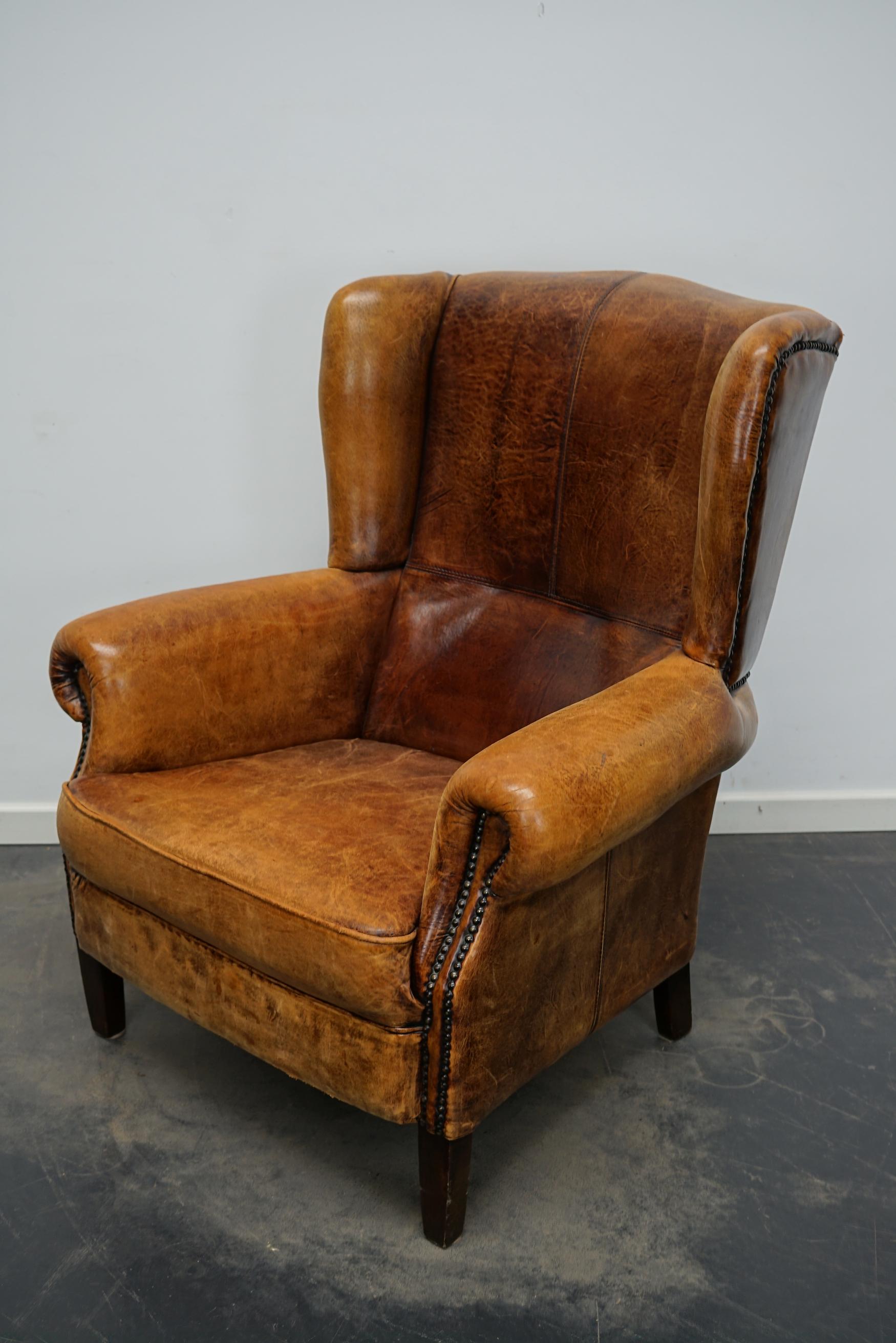 Vintage Dutch Cognac Colored Wingback Leather Club Chair 1