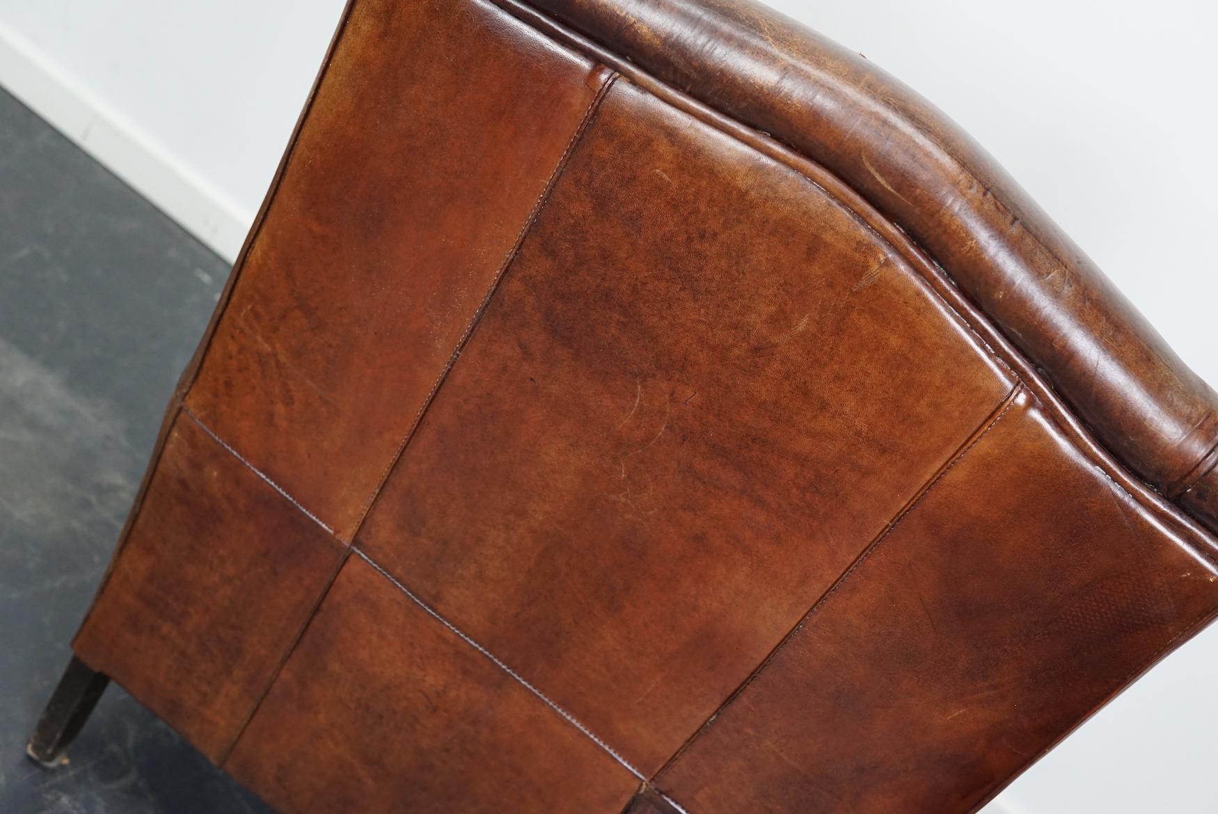 Vintage Dutch Cognac Colored Wingback Leather Club Chair For Sale 1