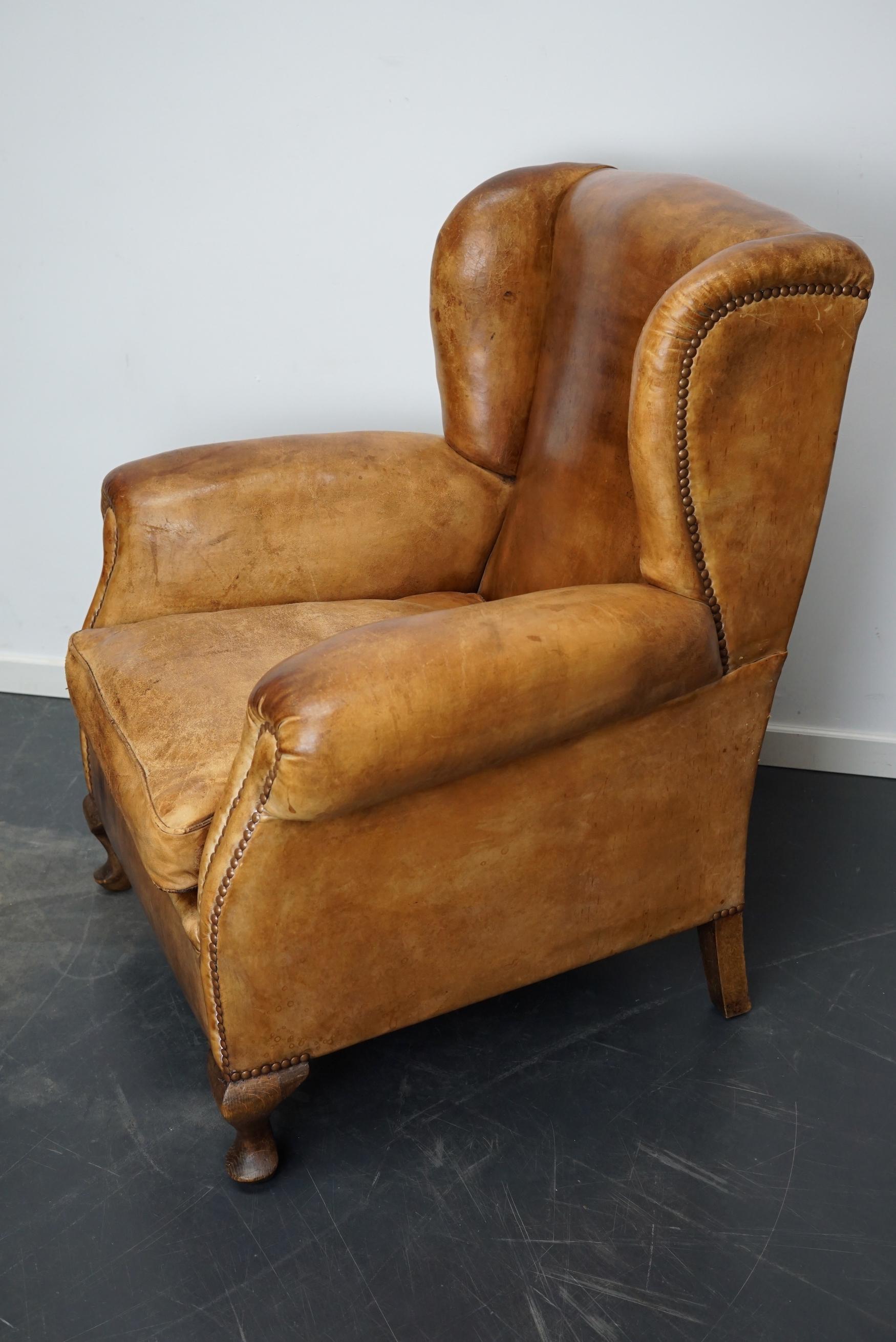 Vintage Dutch Cognac Colored Wingback Leather Club Chair 1