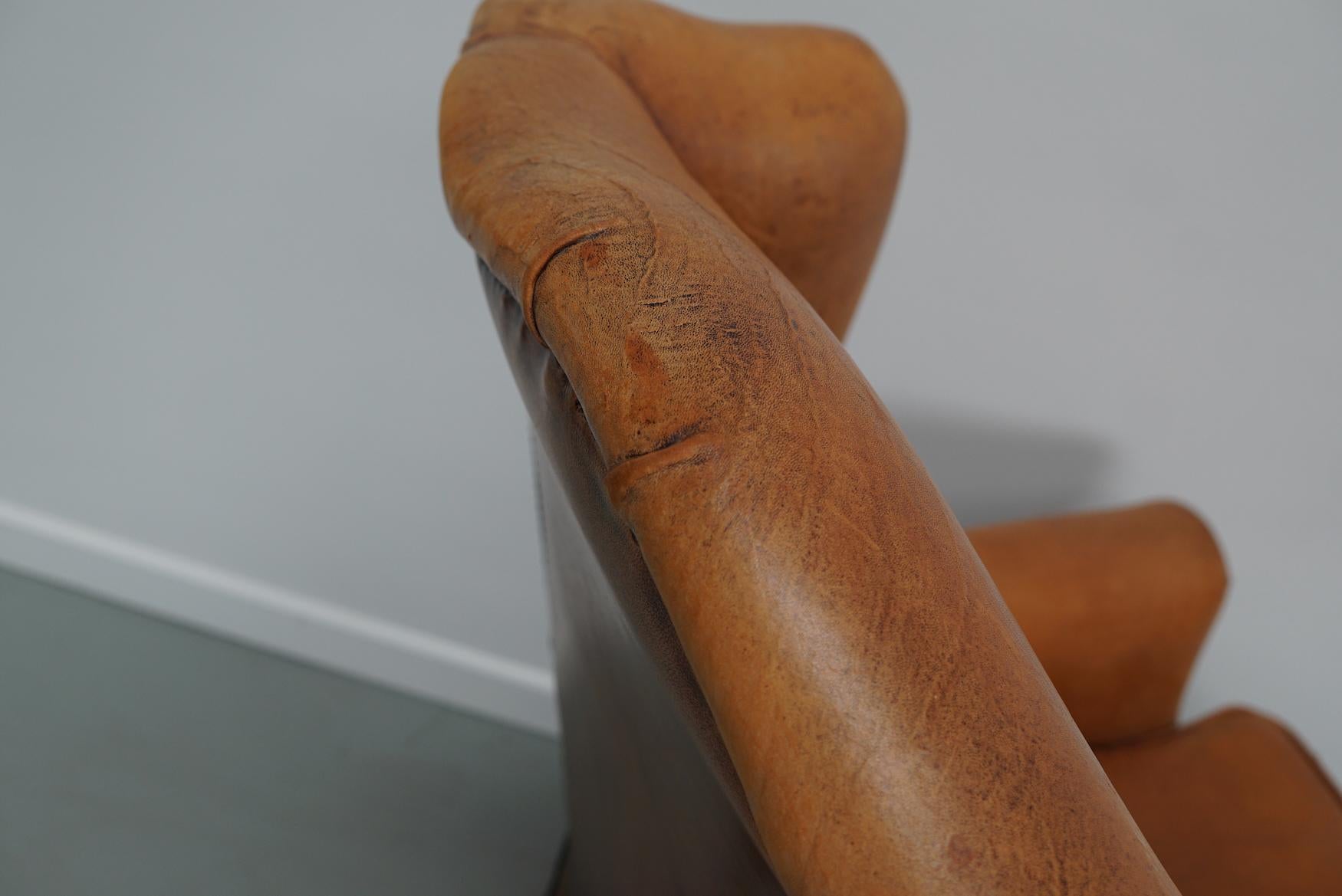 Vintage Dutch Cognac Colored Wingback Leather Club Chair 1
