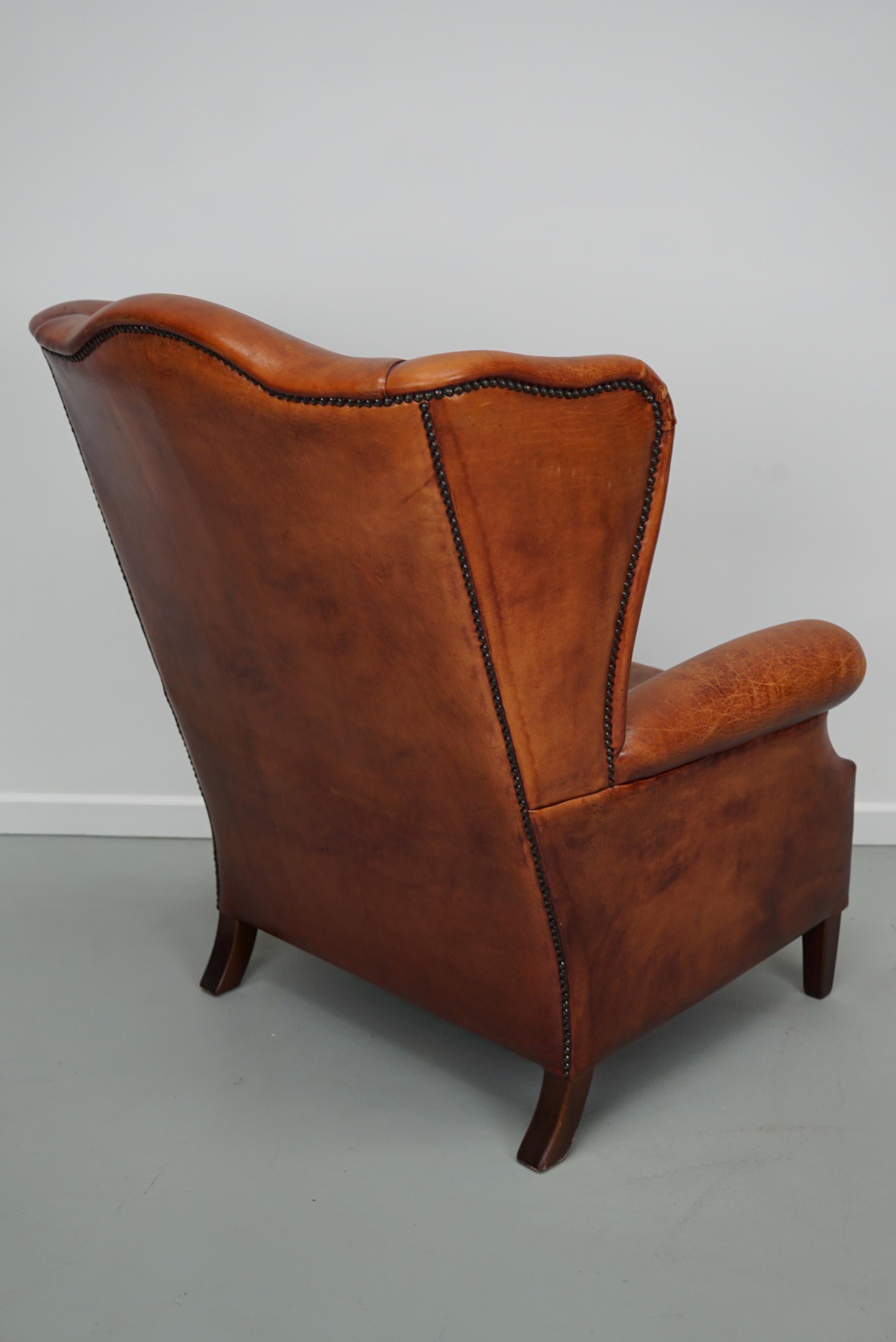  Vintage Dutch Cognac Colored Wingback Leather Club Chair For Sale 1