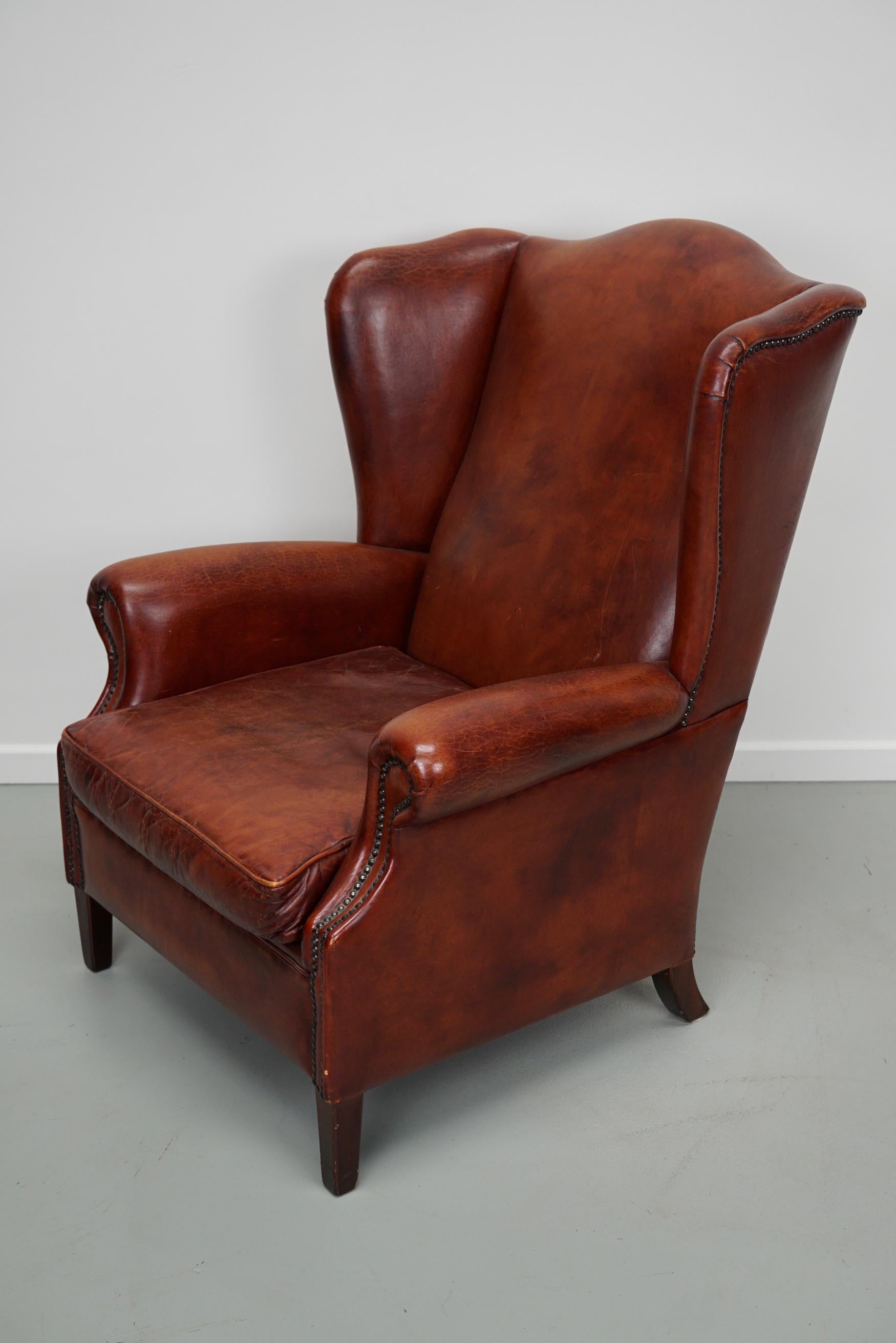  Vintage Dutch Cognac Colored Wingback Leather Club Chair For Sale 2