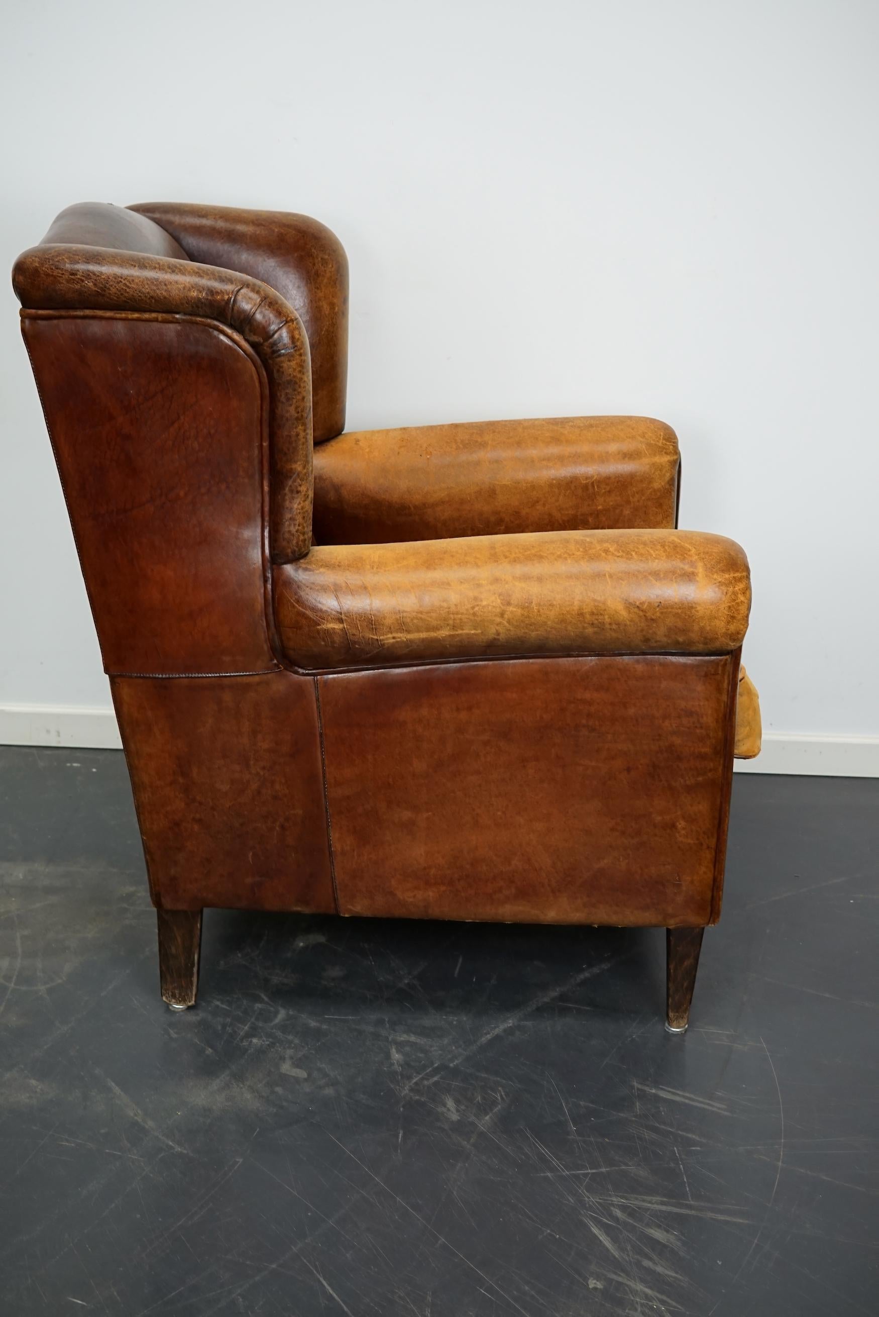 Vintage Dutch Cognac Colored Wingback Leather Club Chair For Sale 3