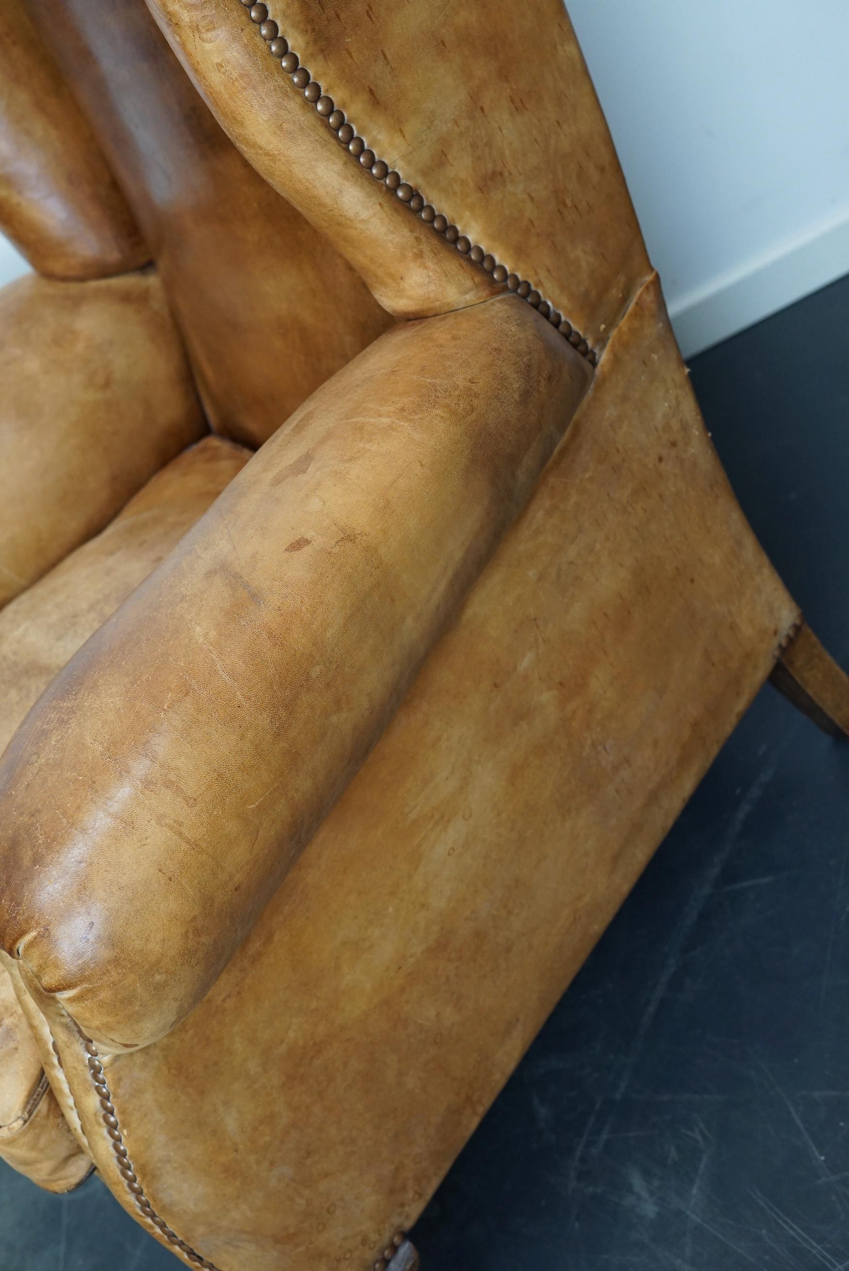 Vintage Dutch Cognac Colored Wingback Leather Club Chair 3