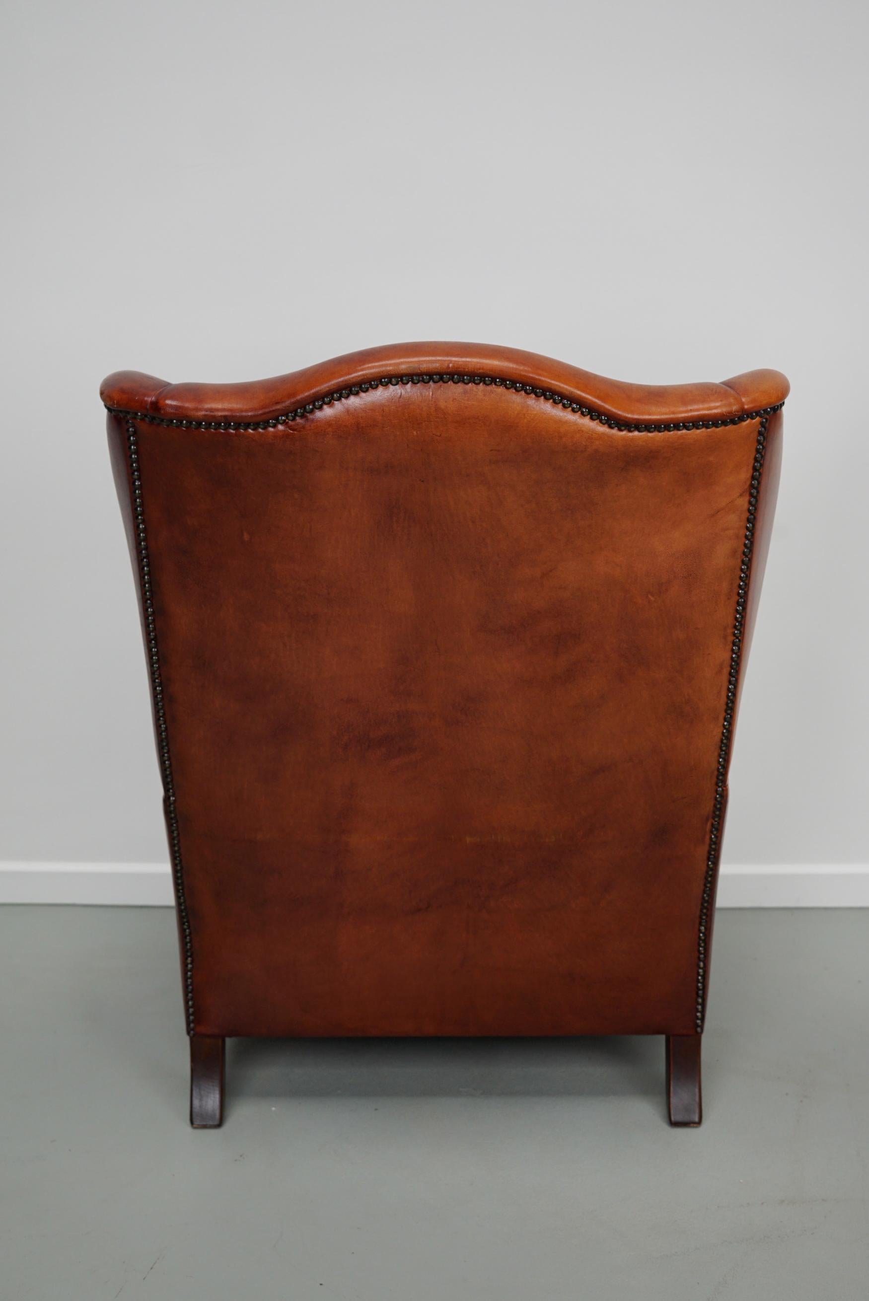  Vintage Dutch Cognac Colored Wingback Leather Club Chair For Sale 3