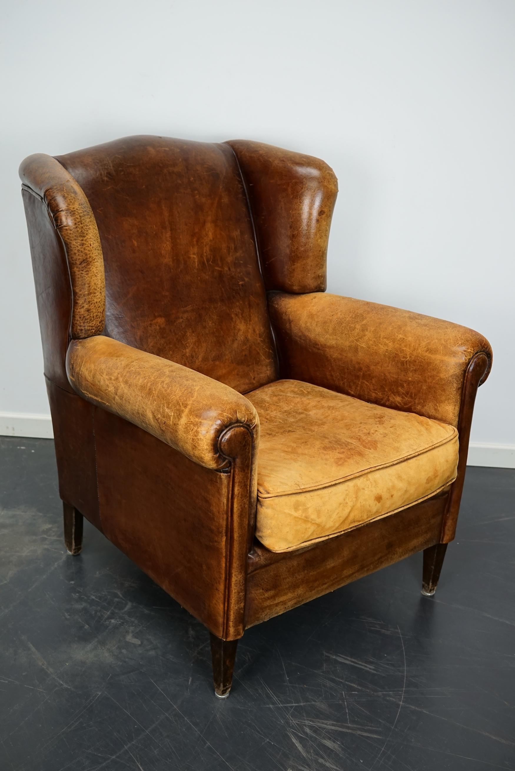 Vintage Dutch Cognac Colored Wingback Leather Club Chair For Sale 4