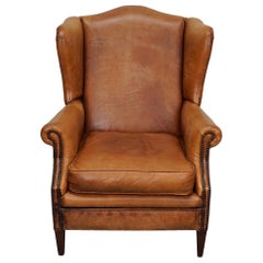 Vintage Dutch Cognac Colored Wingback Leather Club Chair