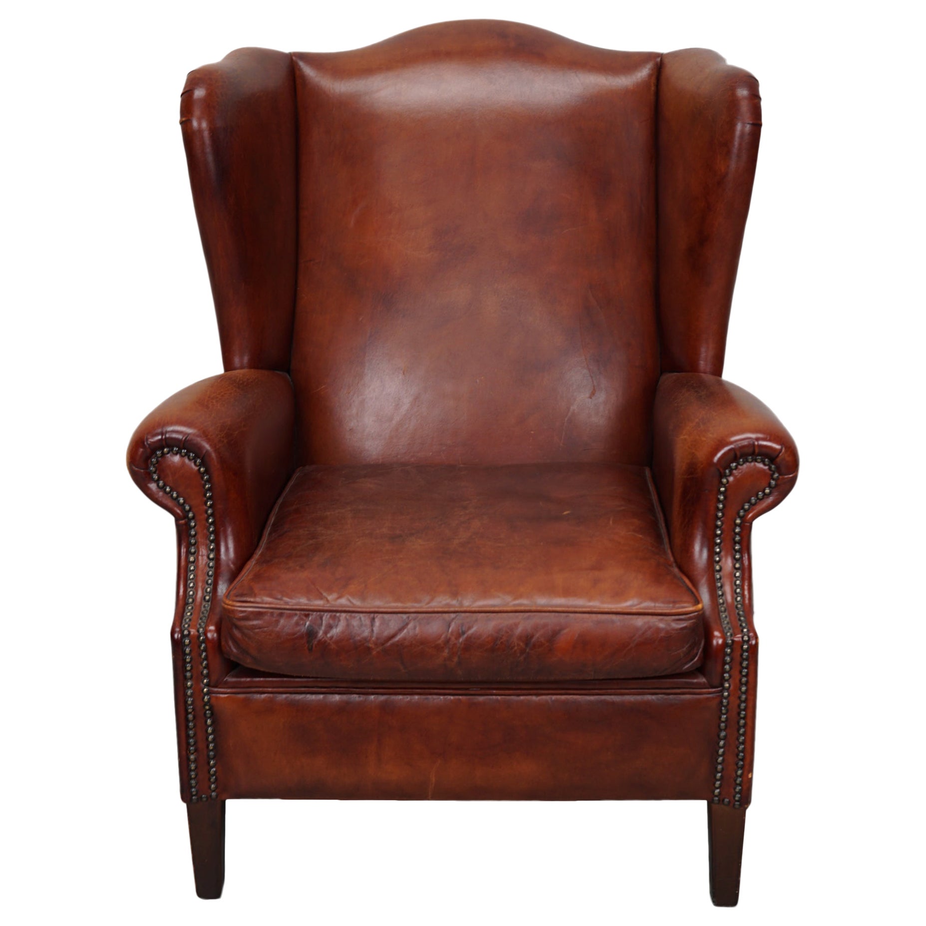 Sedia da club olandese vintage in pelle color cognac con schienale a dorso d'oca