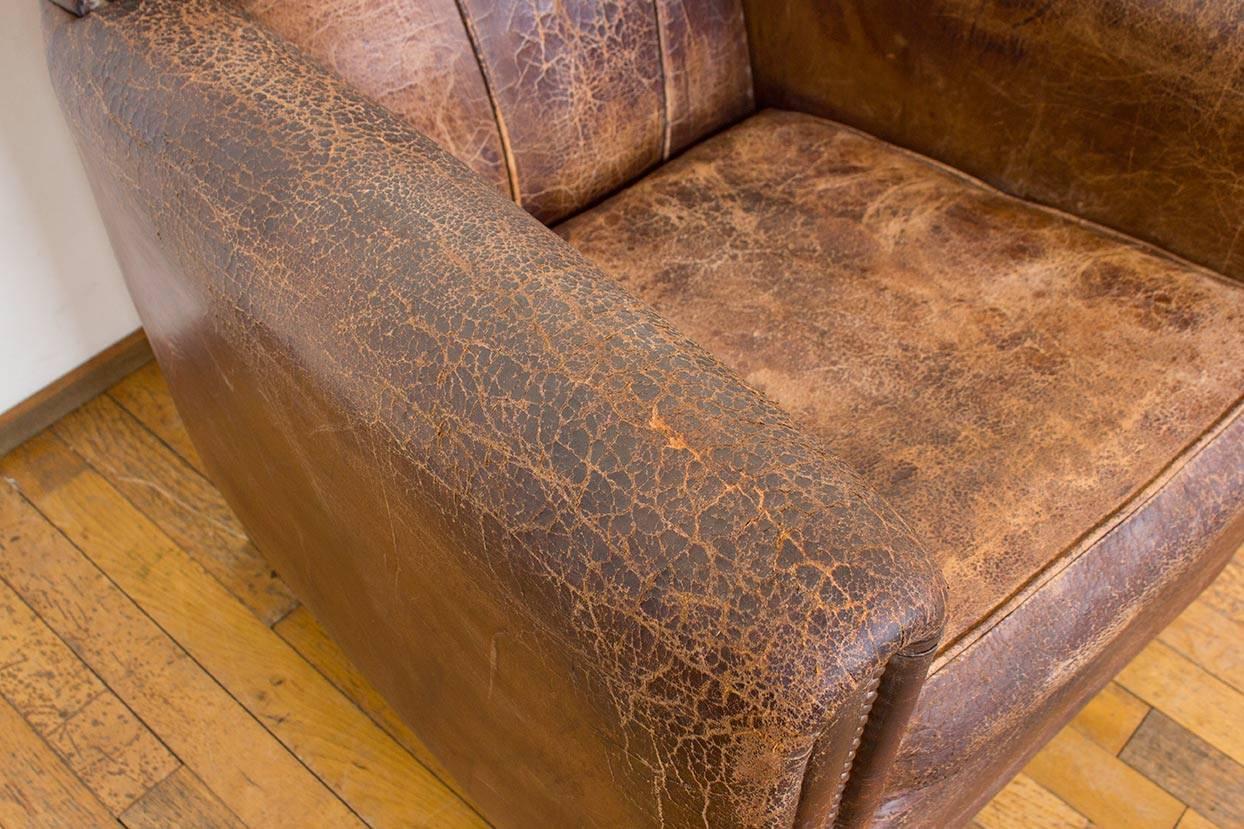 Vintage Dutch Cognac Leather Art Deco Club Chair For Sale 11