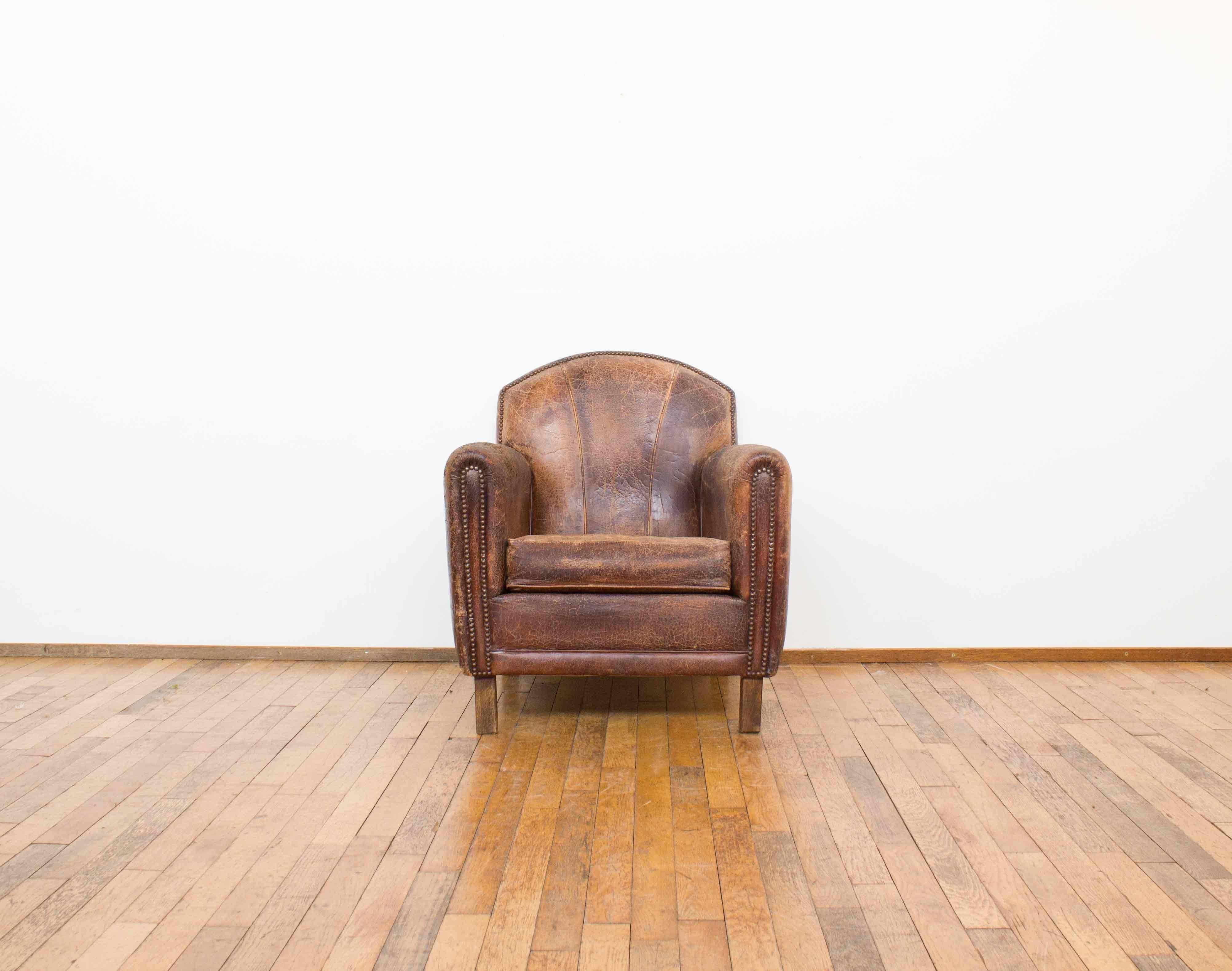 20th Century Vintage Dutch Cognac Leather Art Deco Club Chair For Sale