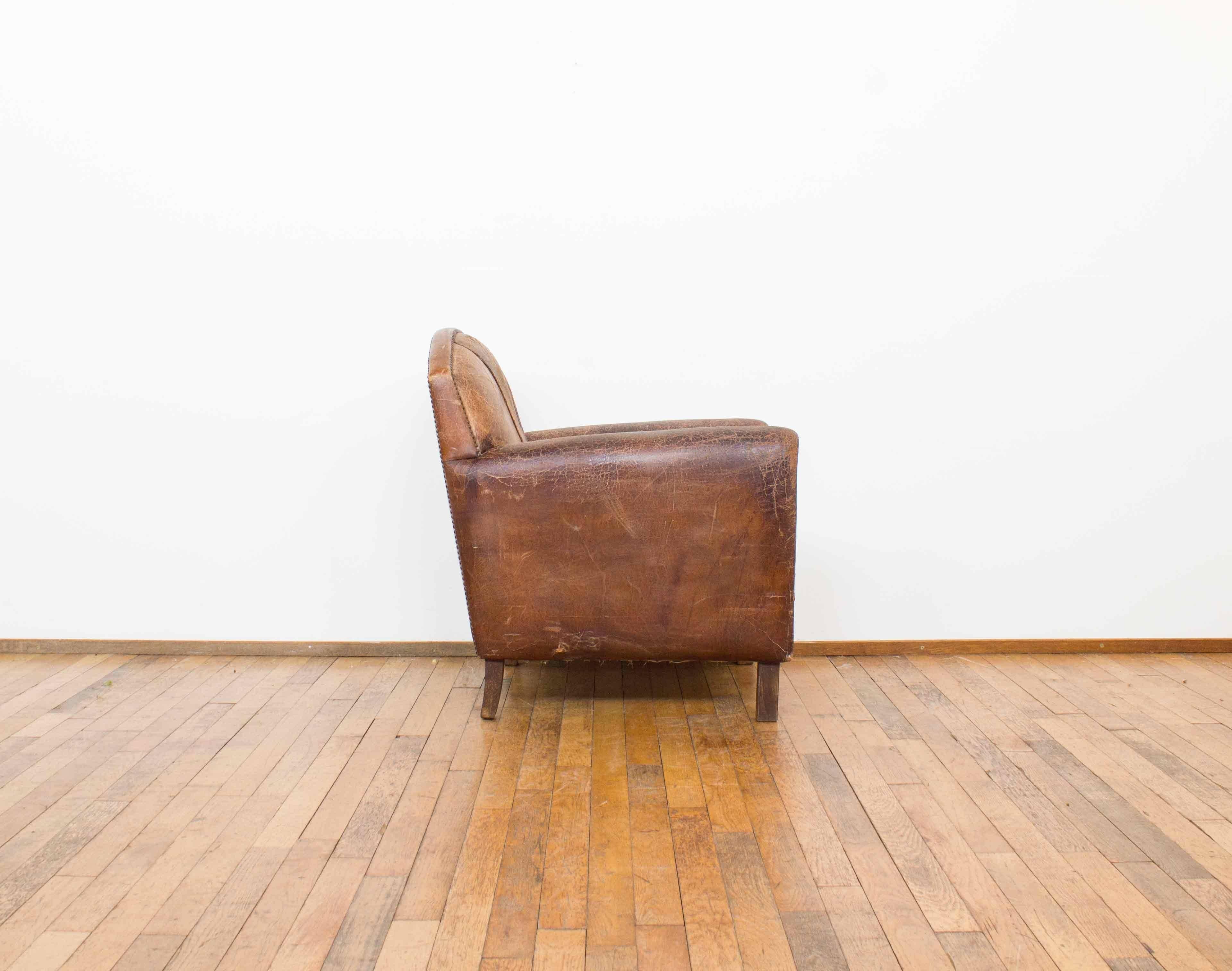 Vintage Dutch Cognac Leather Art Deco Club Chair For Sale 1