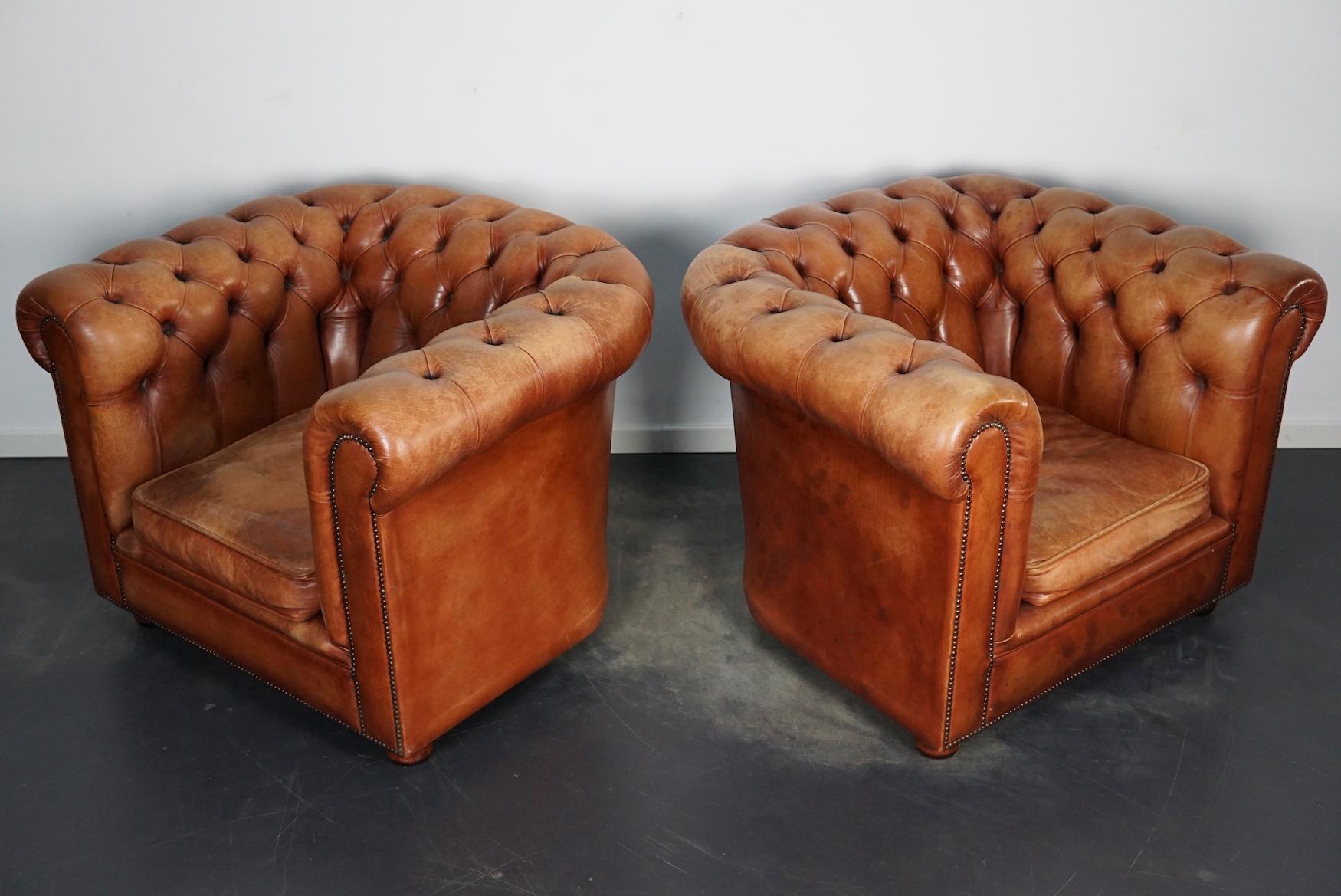 Industrial Vintage Dutch Cognac Leather Chesterfield Club Chairs, Set of 2