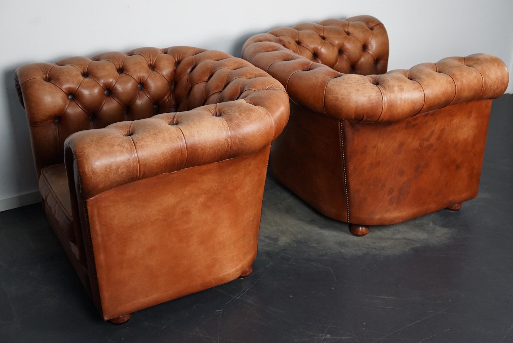 Vintage Dutch Cognac Leather Chesterfield Club Chairs, Set of 2 In Good Condition In Nijmegen, NL