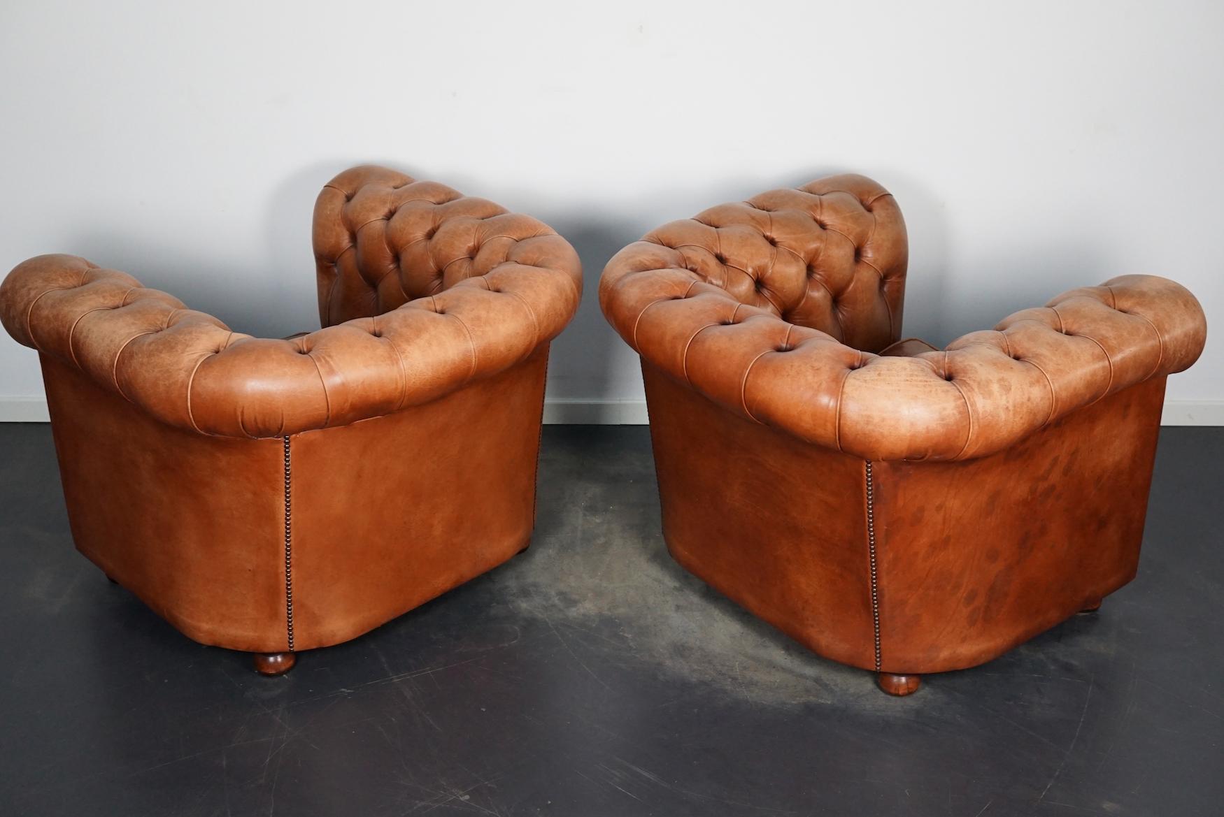 Late 20th Century Vintage Dutch Cognac Leather Chesterfield Club Chairs, Set of 2