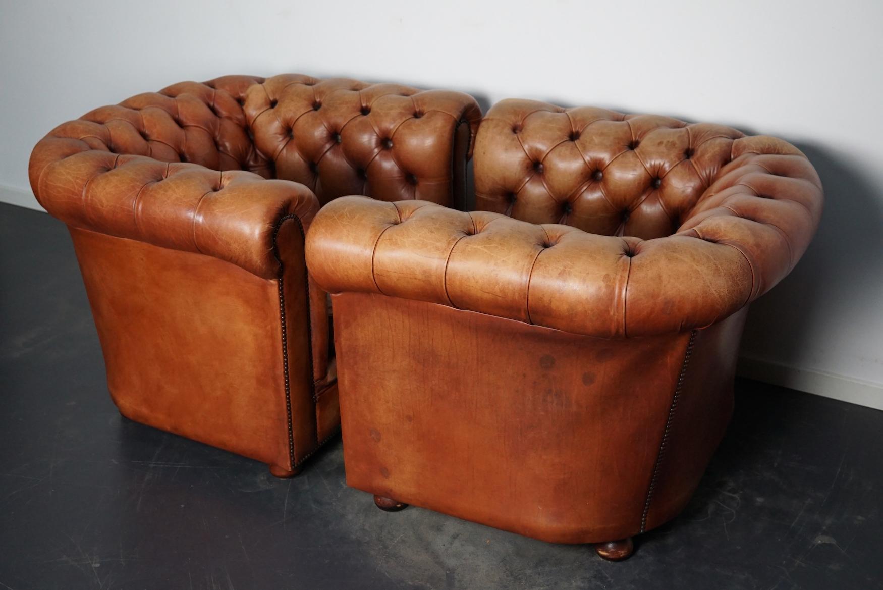 Vintage Dutch Cognac Leather Chesterfield Club Chairs, Set of 2 1