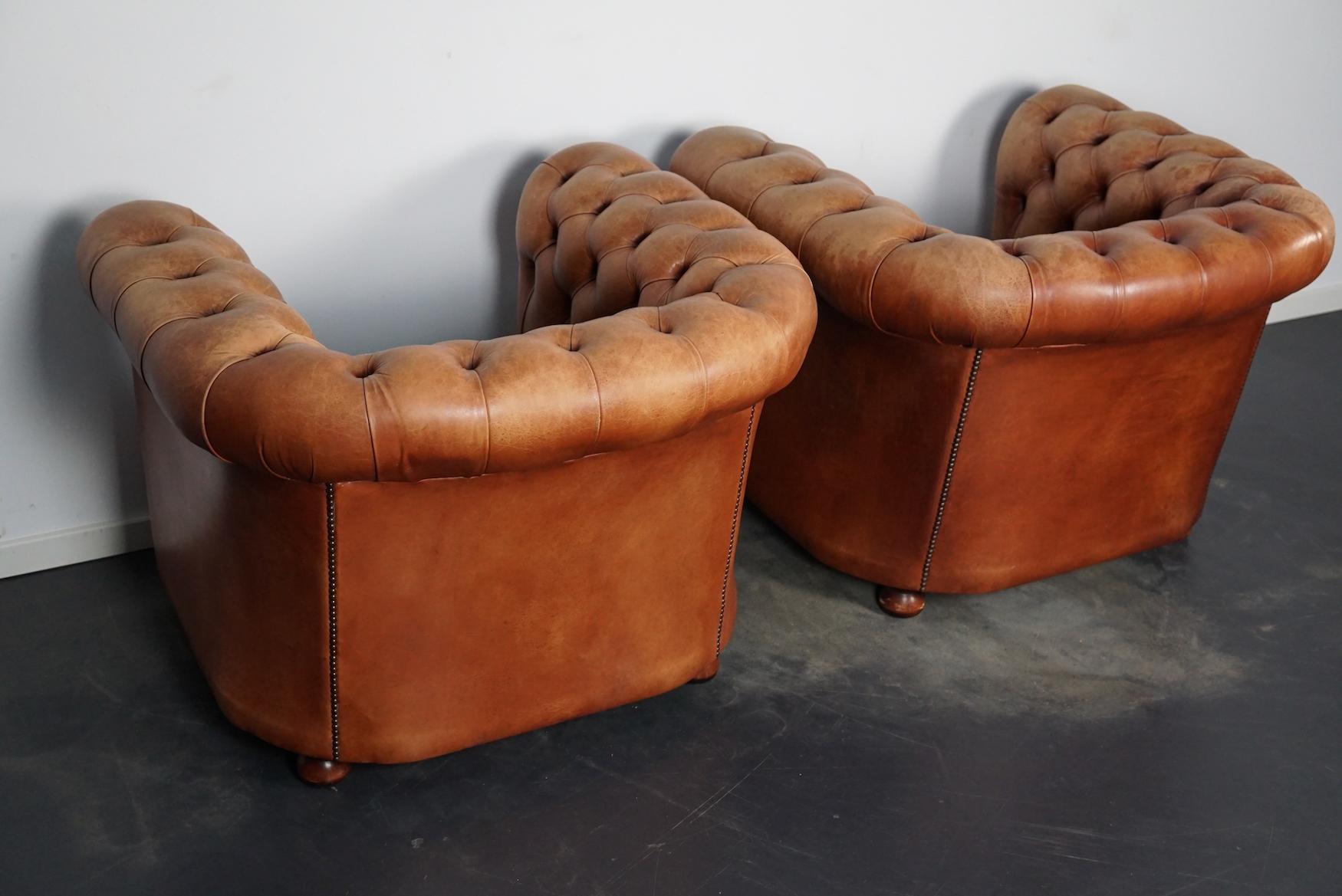 Vintage Dutch Cognac Leather Chesterfield Club Chairs, Set of 2 2