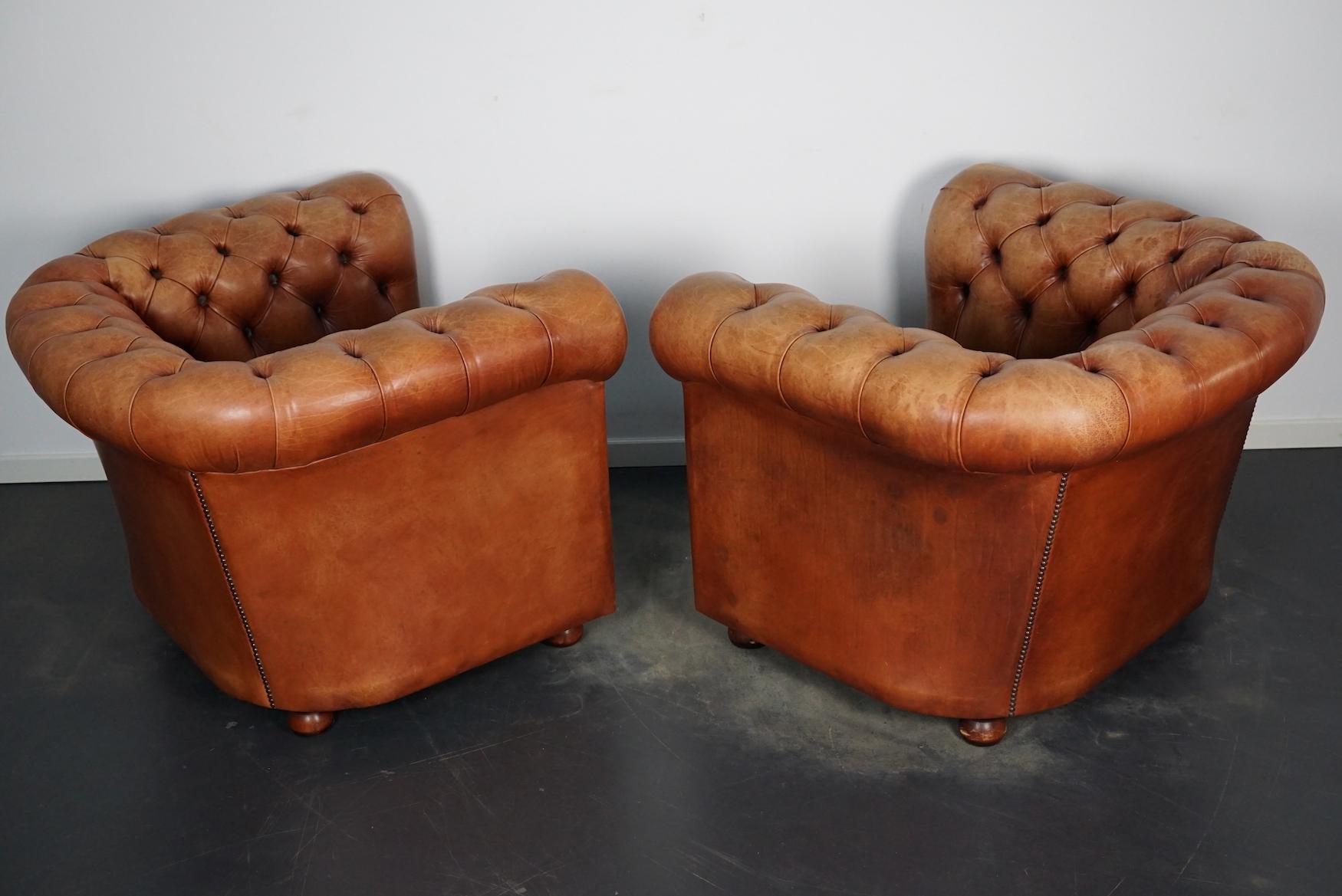 Vintage Dutch Cognac Leather Chesterfield Club Chairs, Set of 2 3