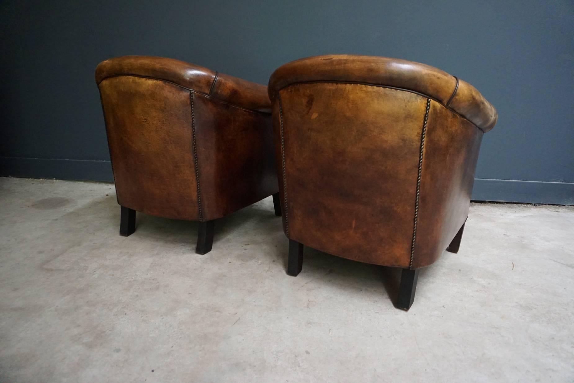 Vintage Dutch Cognac Leather Club Chairs, Set of Two 5