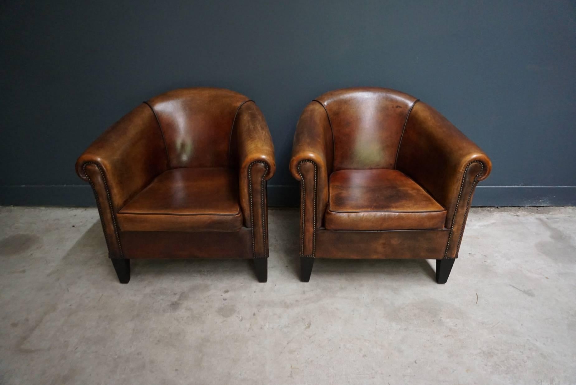 Industrial Vintage Dutch Cognac Leather Club Chairs, Set of Two
