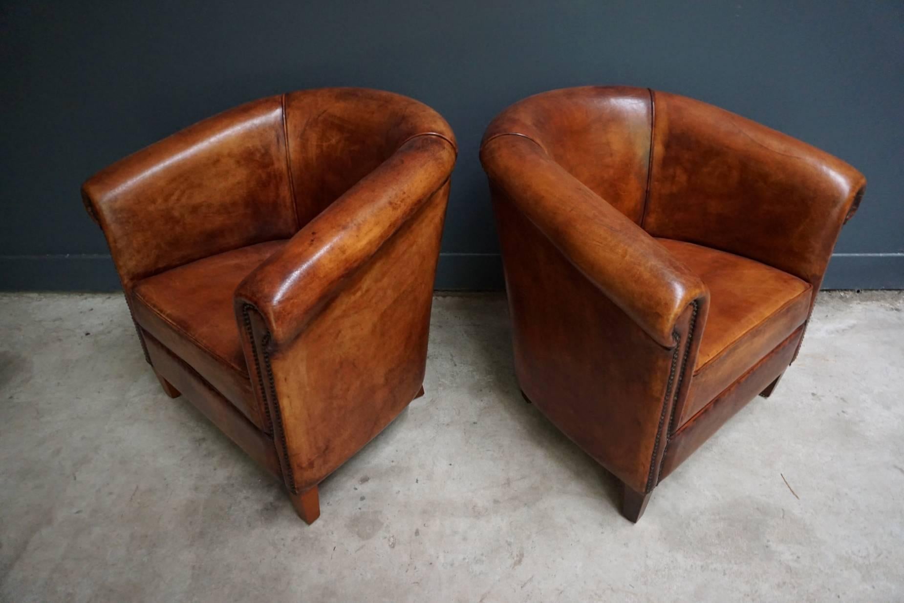 20th Century Vintage Dutch Cognac Leather Club Chairs, Set of Two