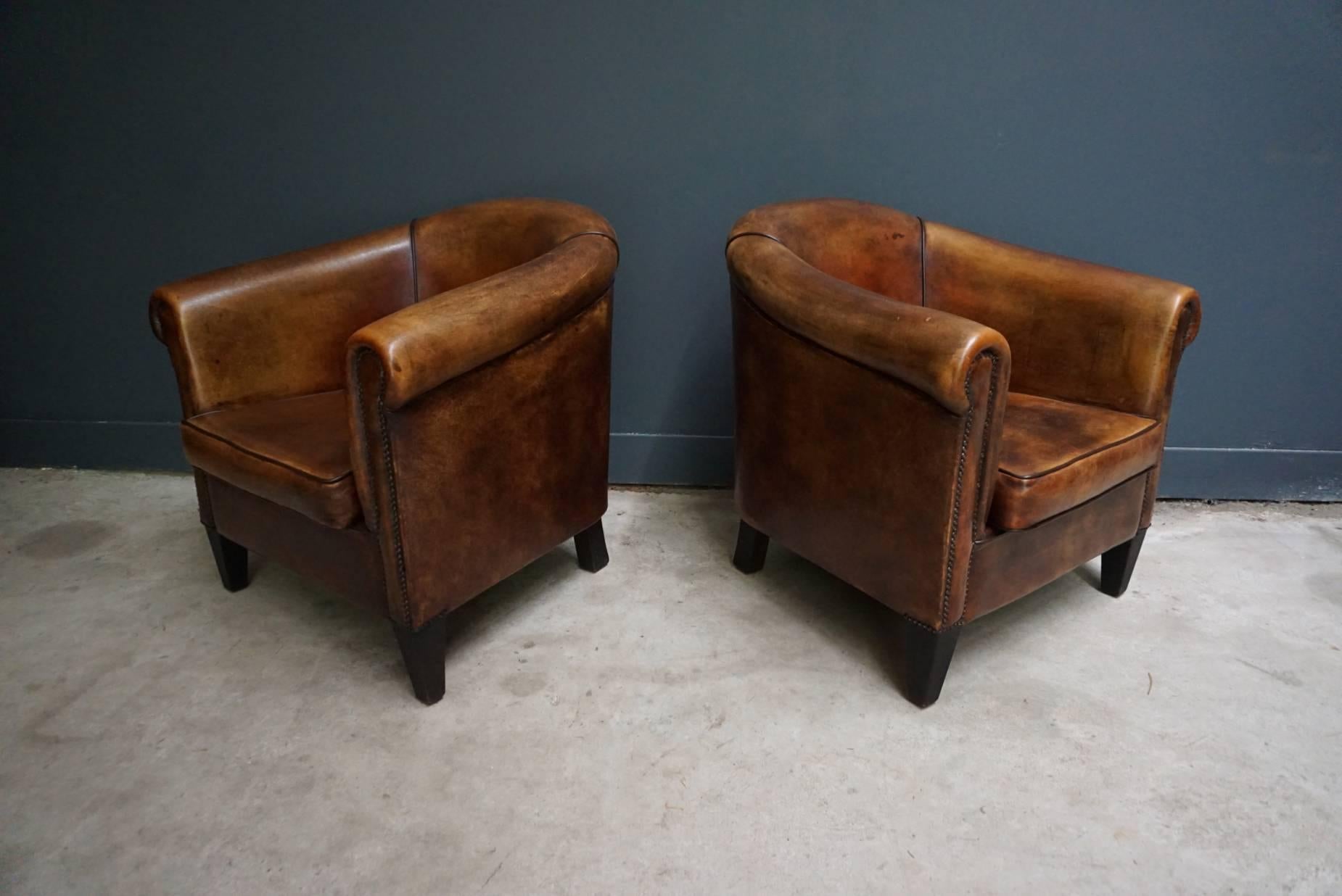 Vintage Dutch Cognac Leather Club Chairs, Set of Two 3