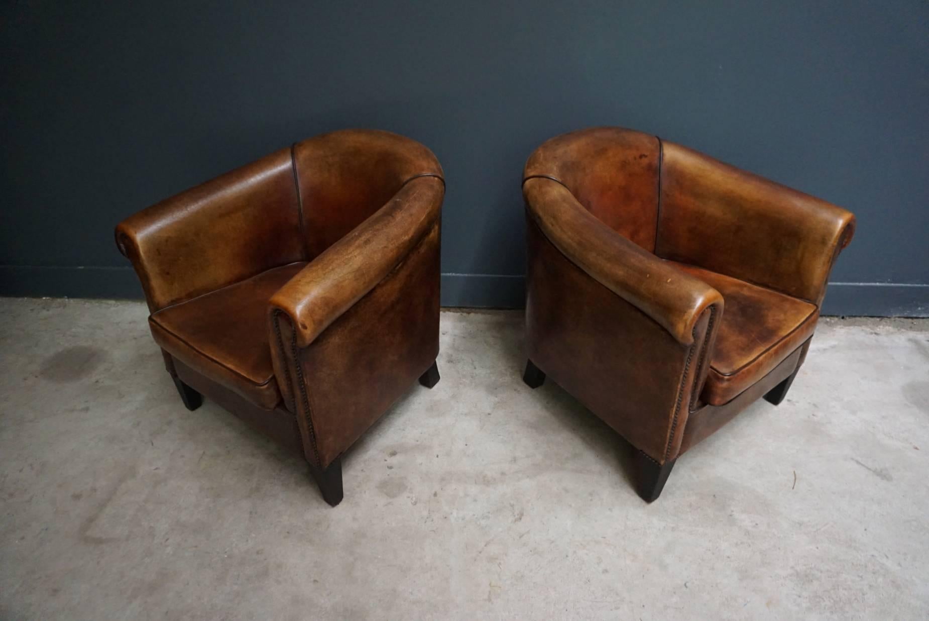 Vintage Dutch Cognac Leather Club Chairs, Set of Two 4