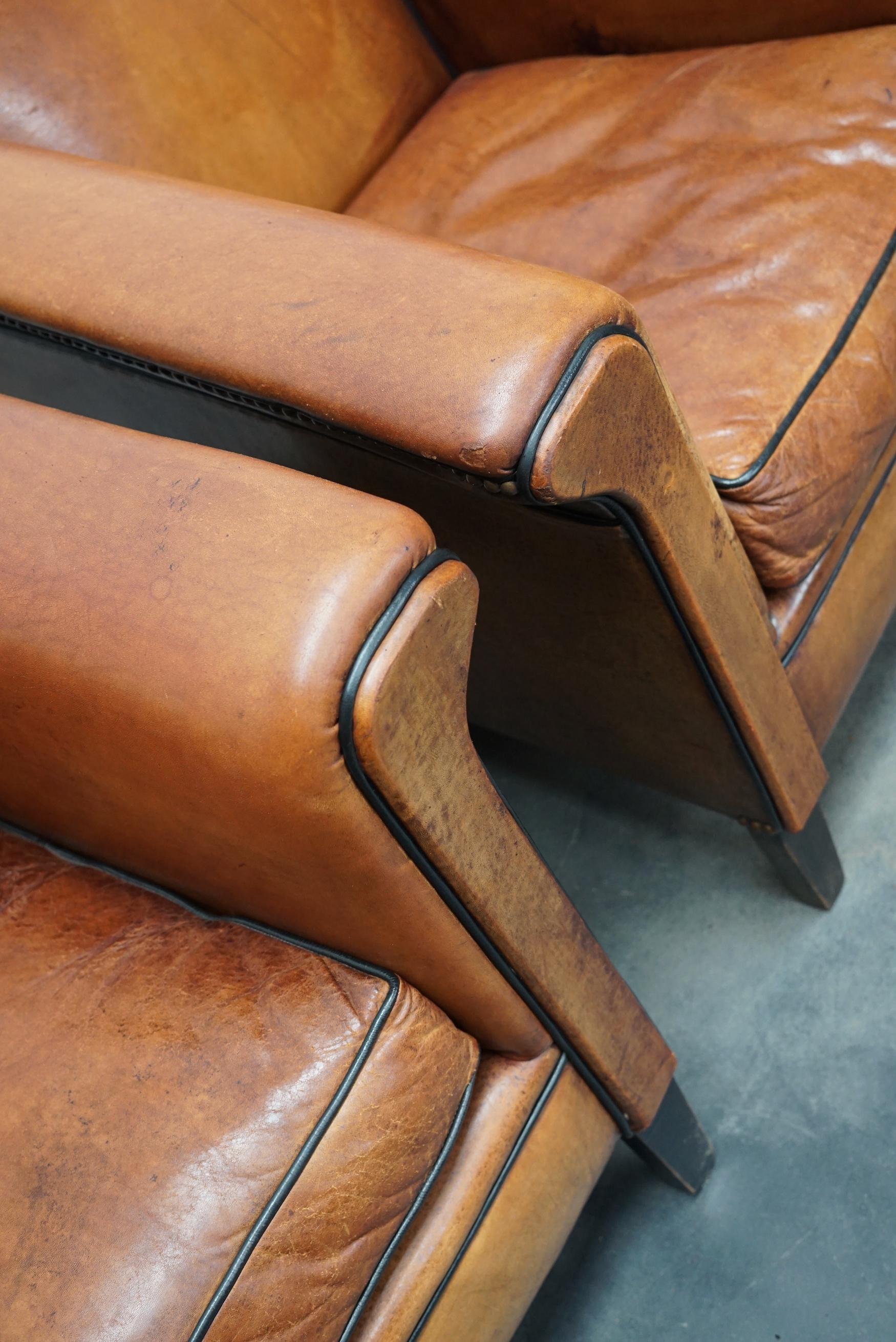 Vintage Dutch Cognac Leather Club Chairs Art Deco Style, Set of 2 4