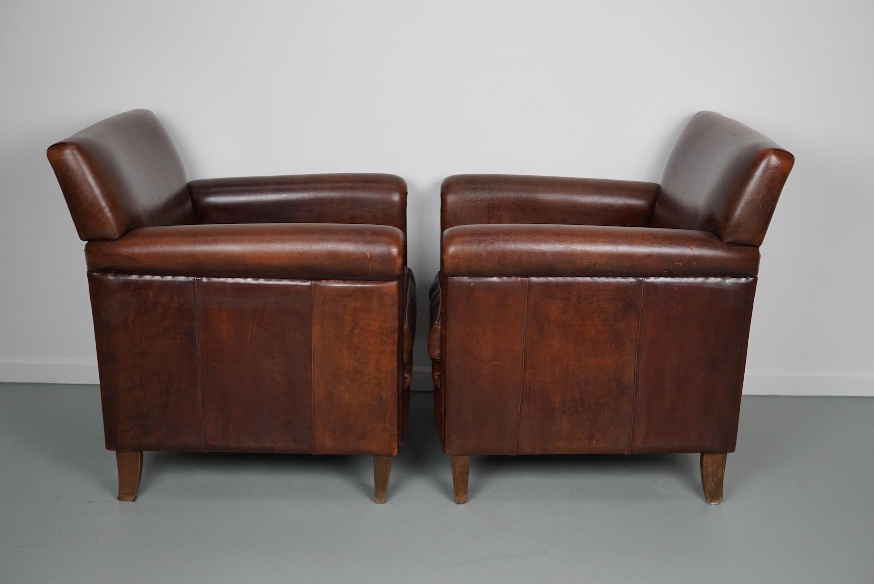 Vintage Dutch Cognac Leather Club Chairs Art Deco Style, Set of 2 6