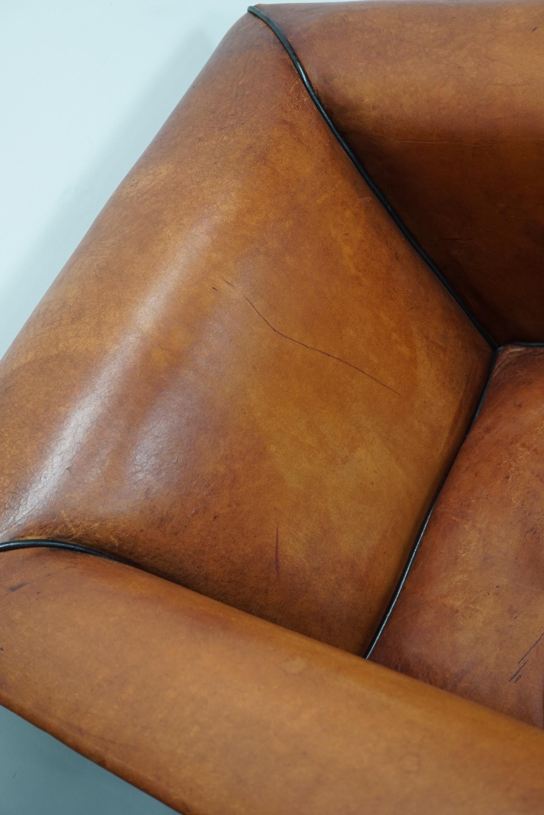 Vintage Dutch Cognac Leather Club Chairs Art Deco Style, Set of 2 7