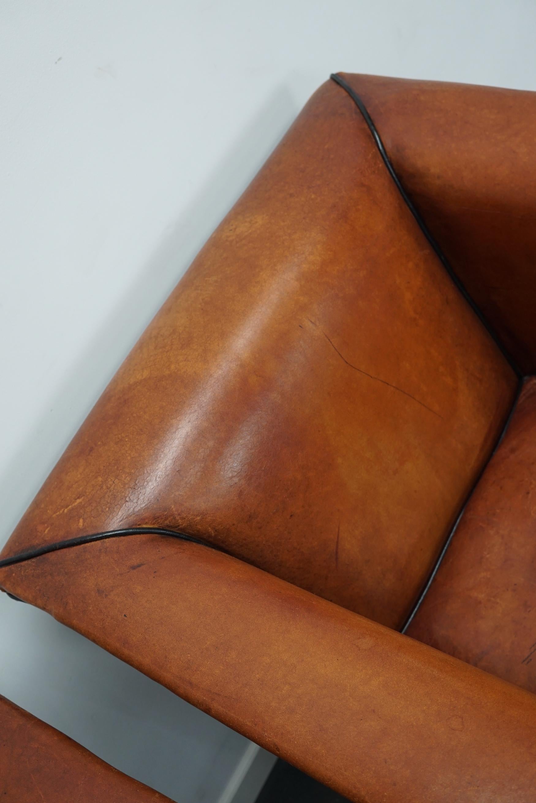 Vintage Dutch Cognac Leather Club Chairs Art Deco Style, Set of 2 8