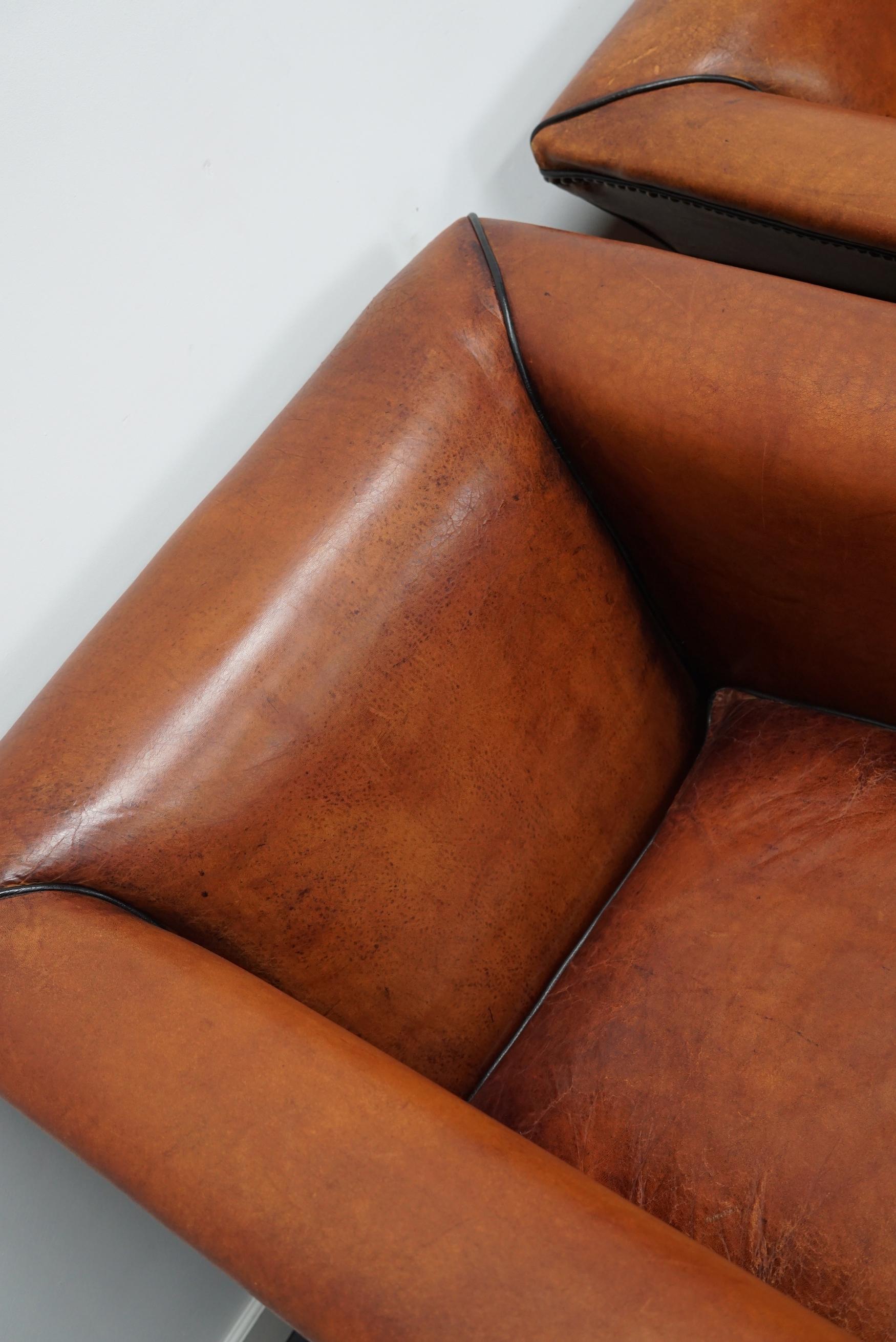 Vintage Dutch Cognac Leather Club Chairs Art Deco Style, Set of 2 9