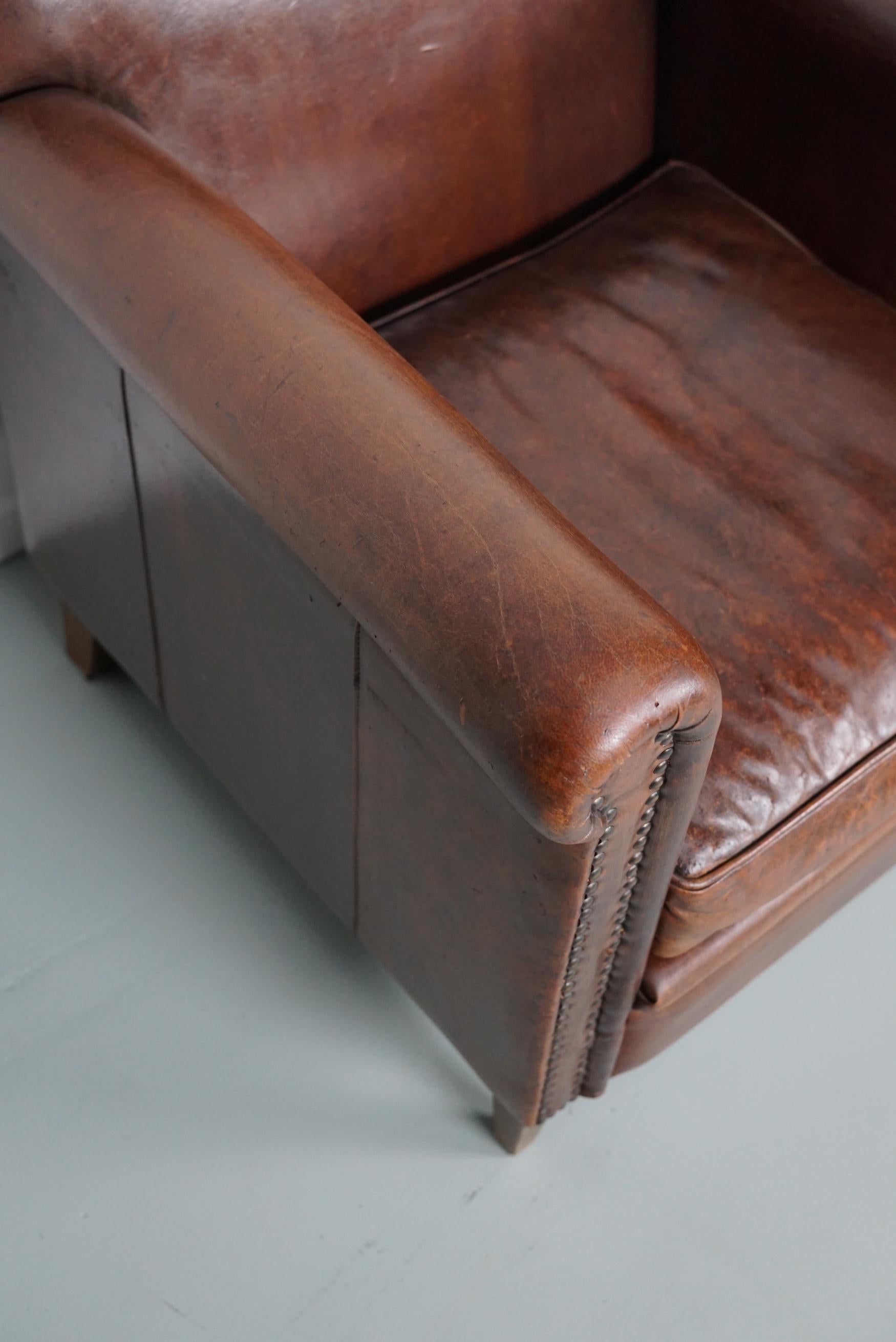 Vintage Dutch Cognac Leather Club Chairs Art Deco Style, Set of 2 11