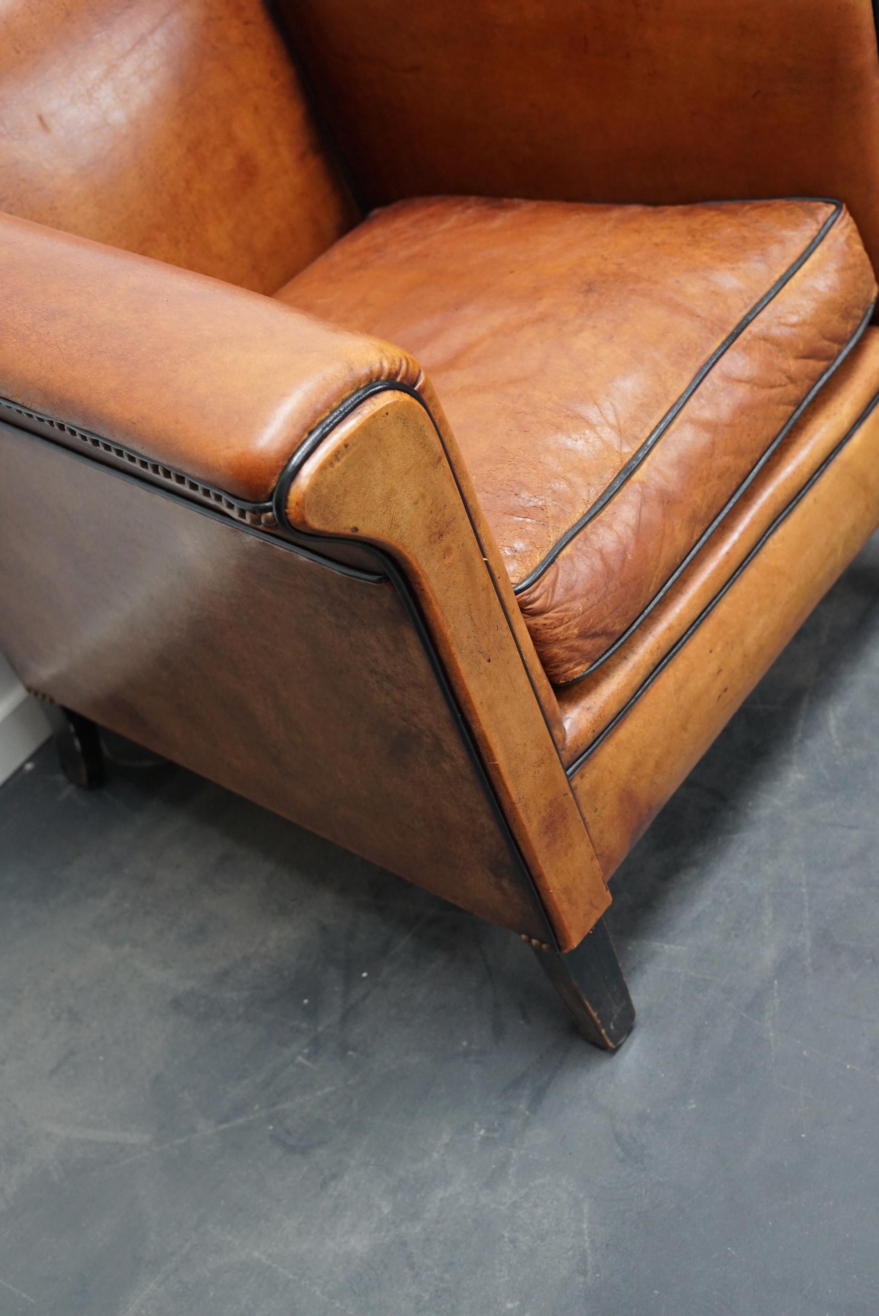 Vintage Dutch Cognac Leather Club Chairs Art Deco Style, Set of 2 10
