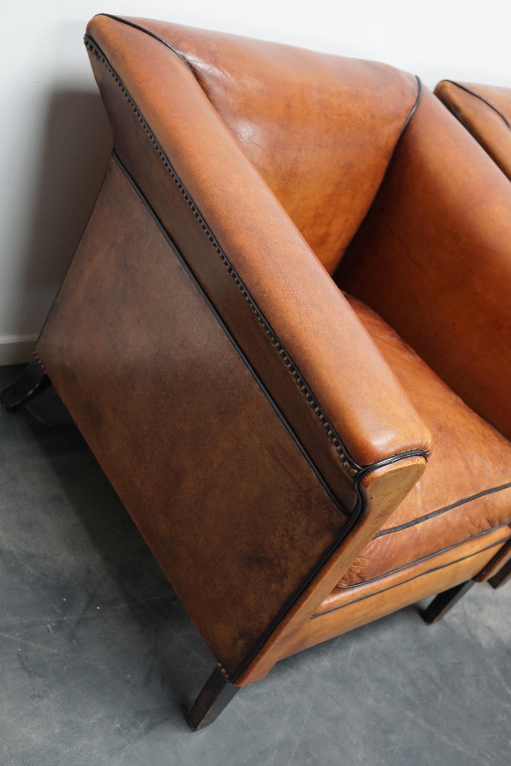 Vintage Dutch Cognac Leather Club Chairs Art Deco Style, Set of 2 11