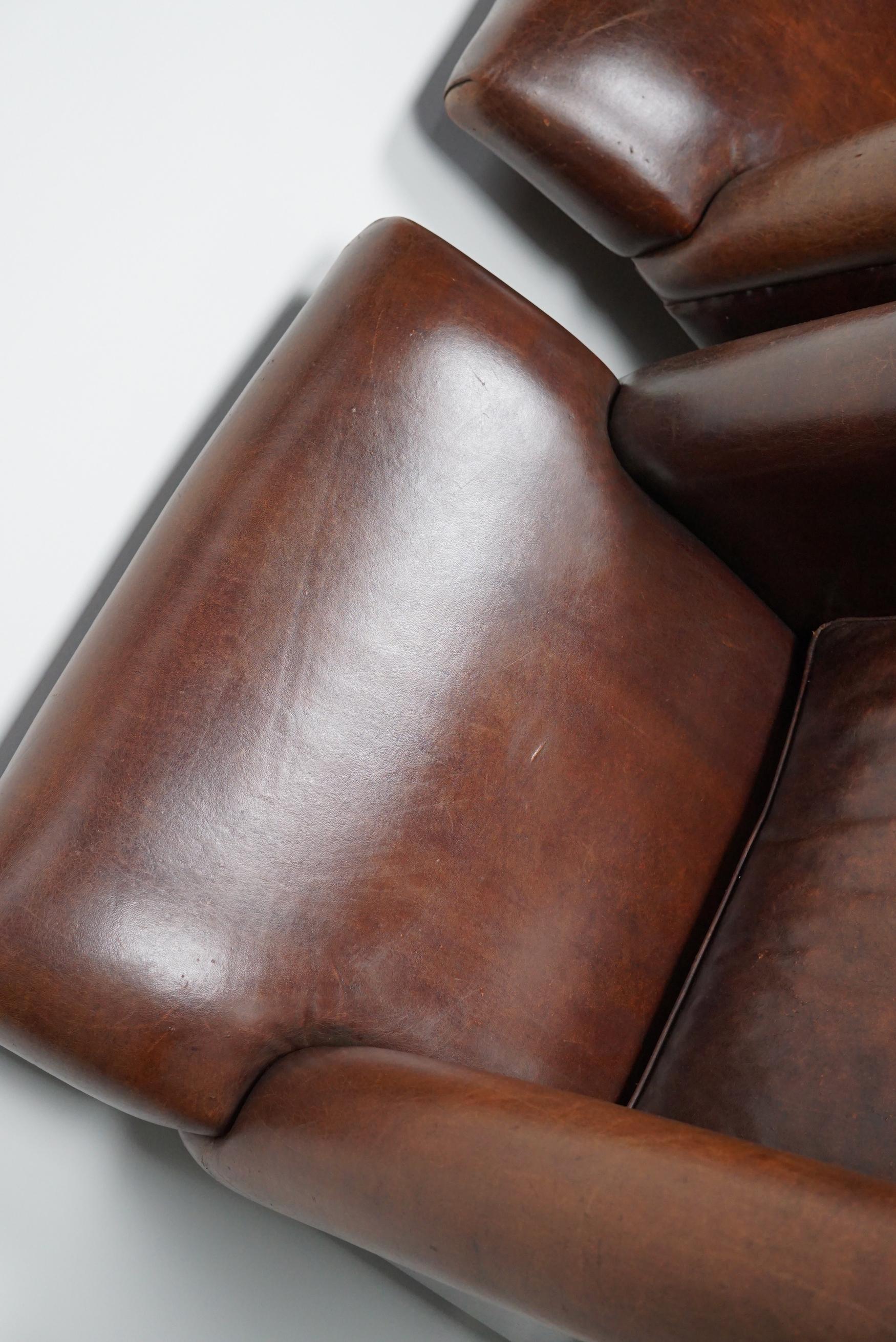 Vintage Dutch Cognac Leather Club Chairs Art Deco Style, Set of 2 13