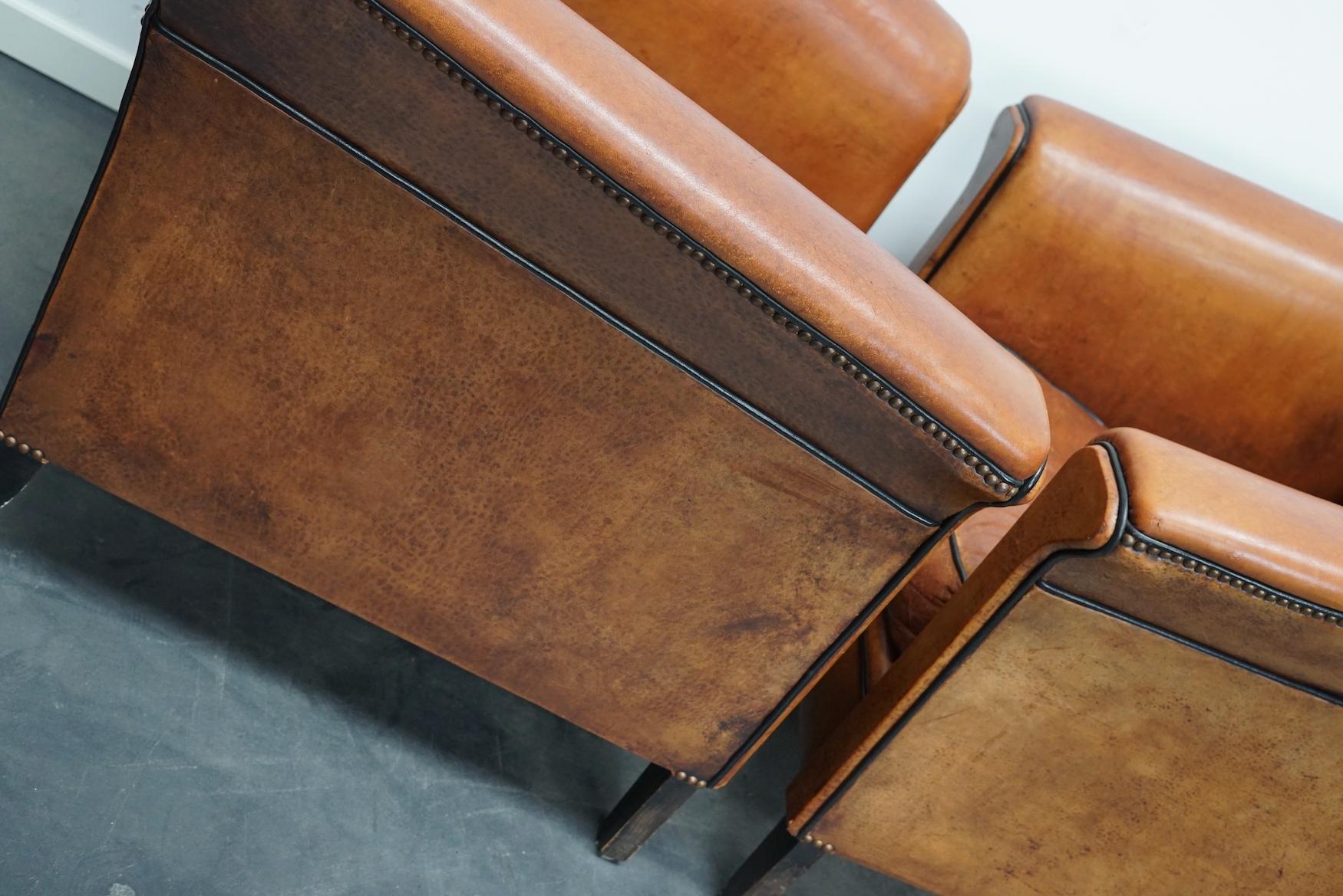 Vintage Dutch Cognac Leather Club Chairs Art Deco Style, Set of 2 12